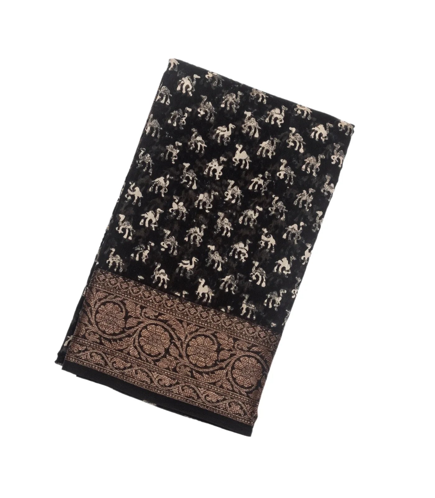 RmKV Black Woven Chanderi Cotton Saree Printed With Camel Motifs