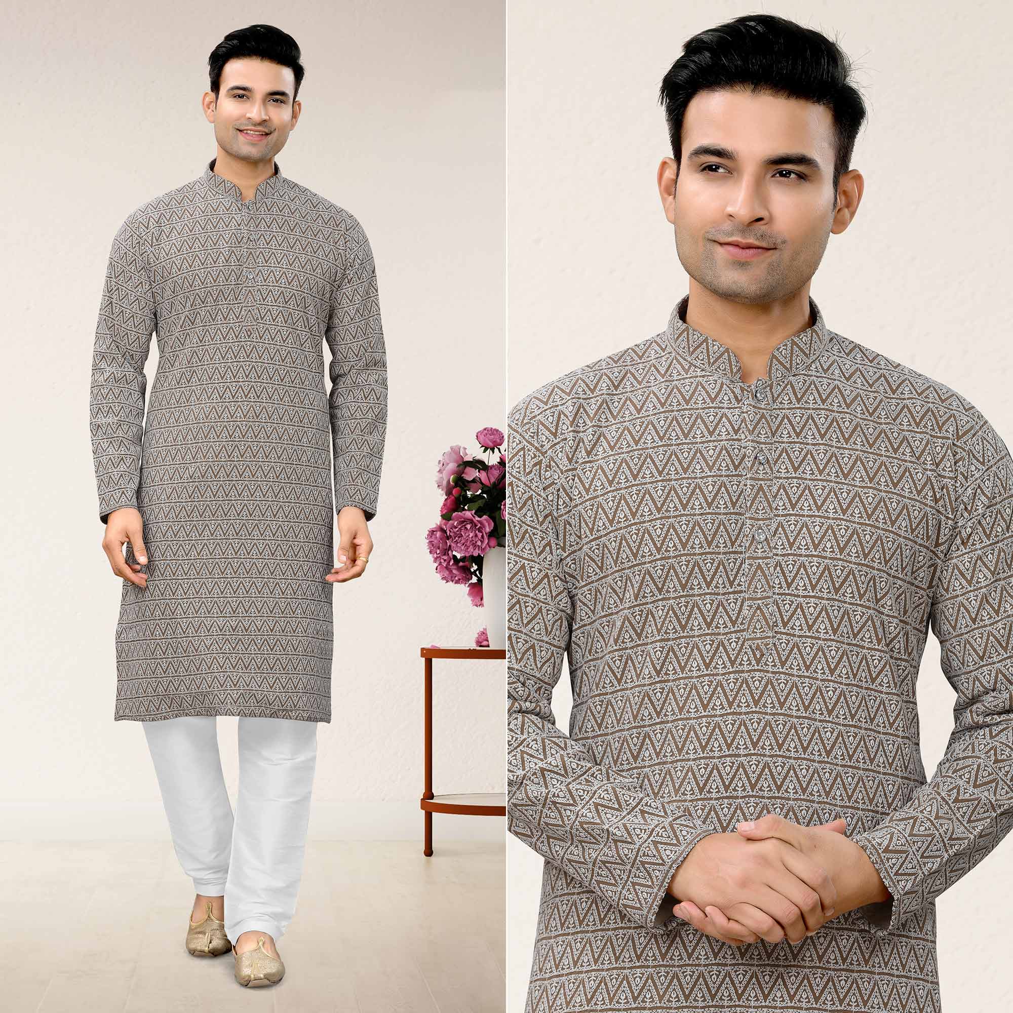 Peachmode Seller Brown Lucknowi Embroidered Georgette Kurta Pyjama Set