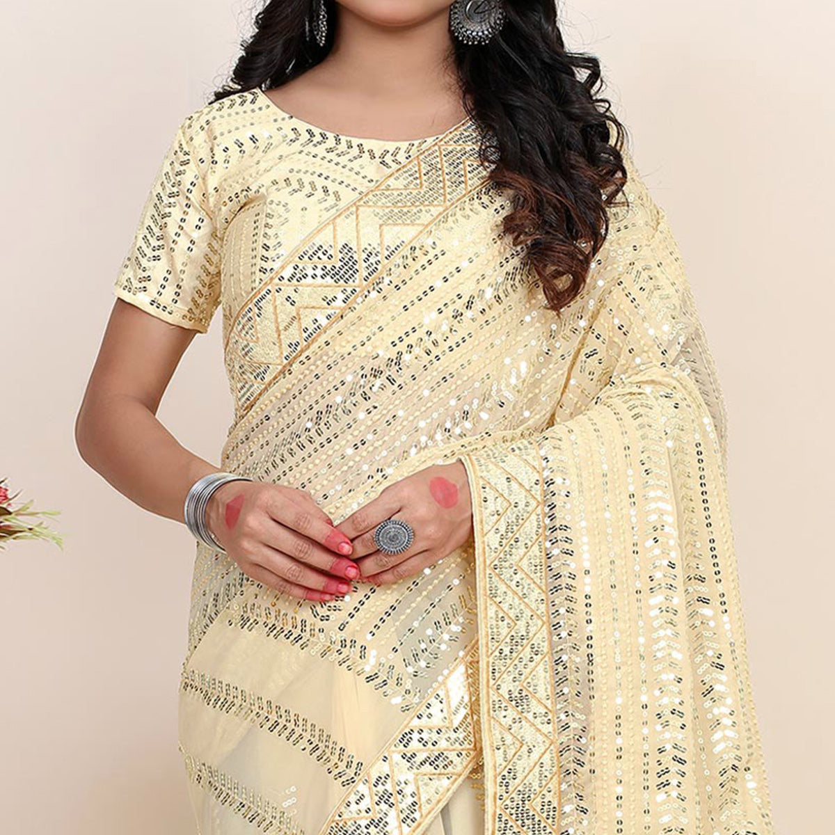 Peachmode Light Chikoo Sequins Embroidered Georgette Saree - view 3