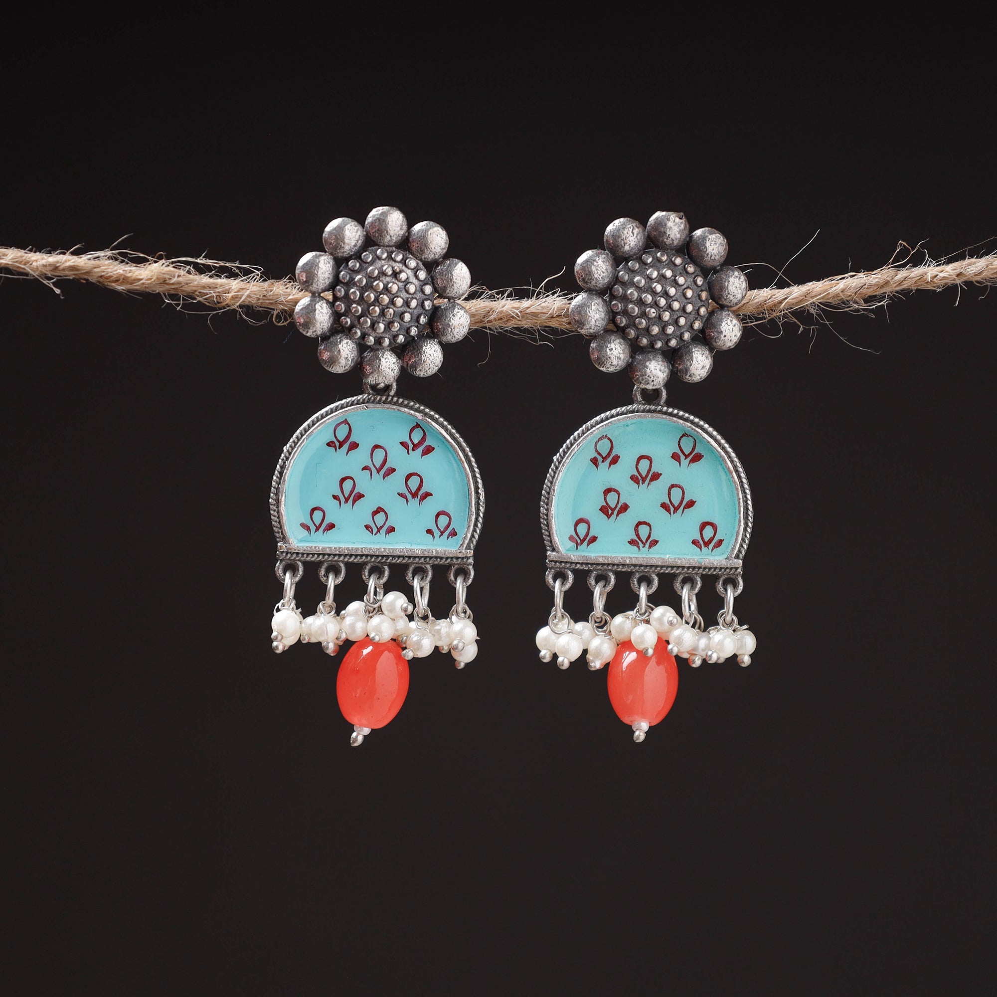 WHITE RIVER STORIES Antique Silver Finish Oxidised Brass Base Enamel Work Earrings