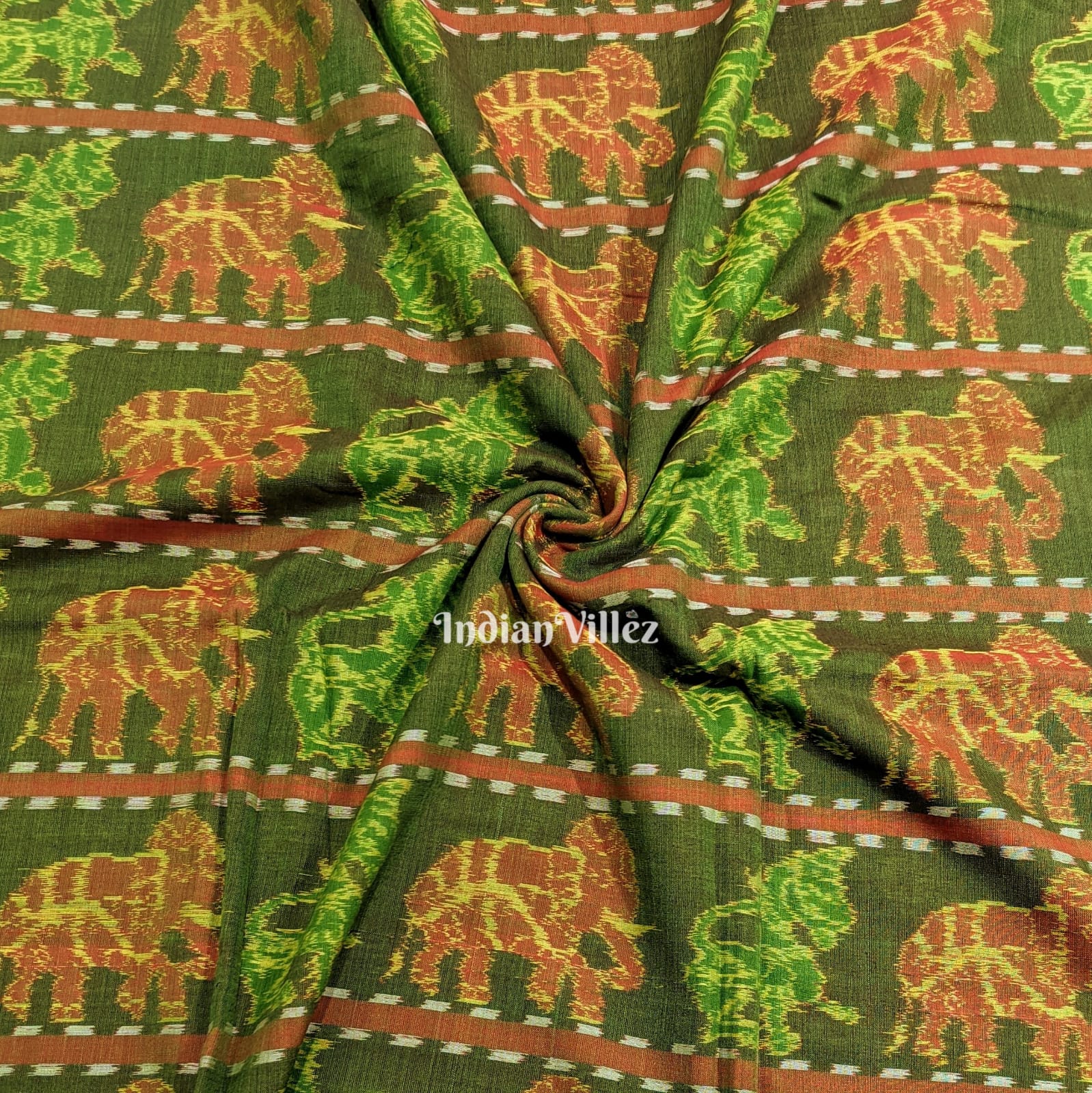 IndianVillèz Dual Tone Elephant & Lion Design Sambalpuri Ikat Cotton Fabric