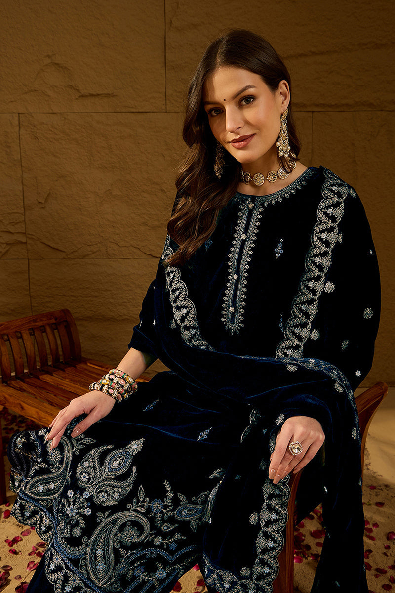 Ahika Blue Velvet Solid Embroidered Straight Trousers Suit Set PKSKD2277