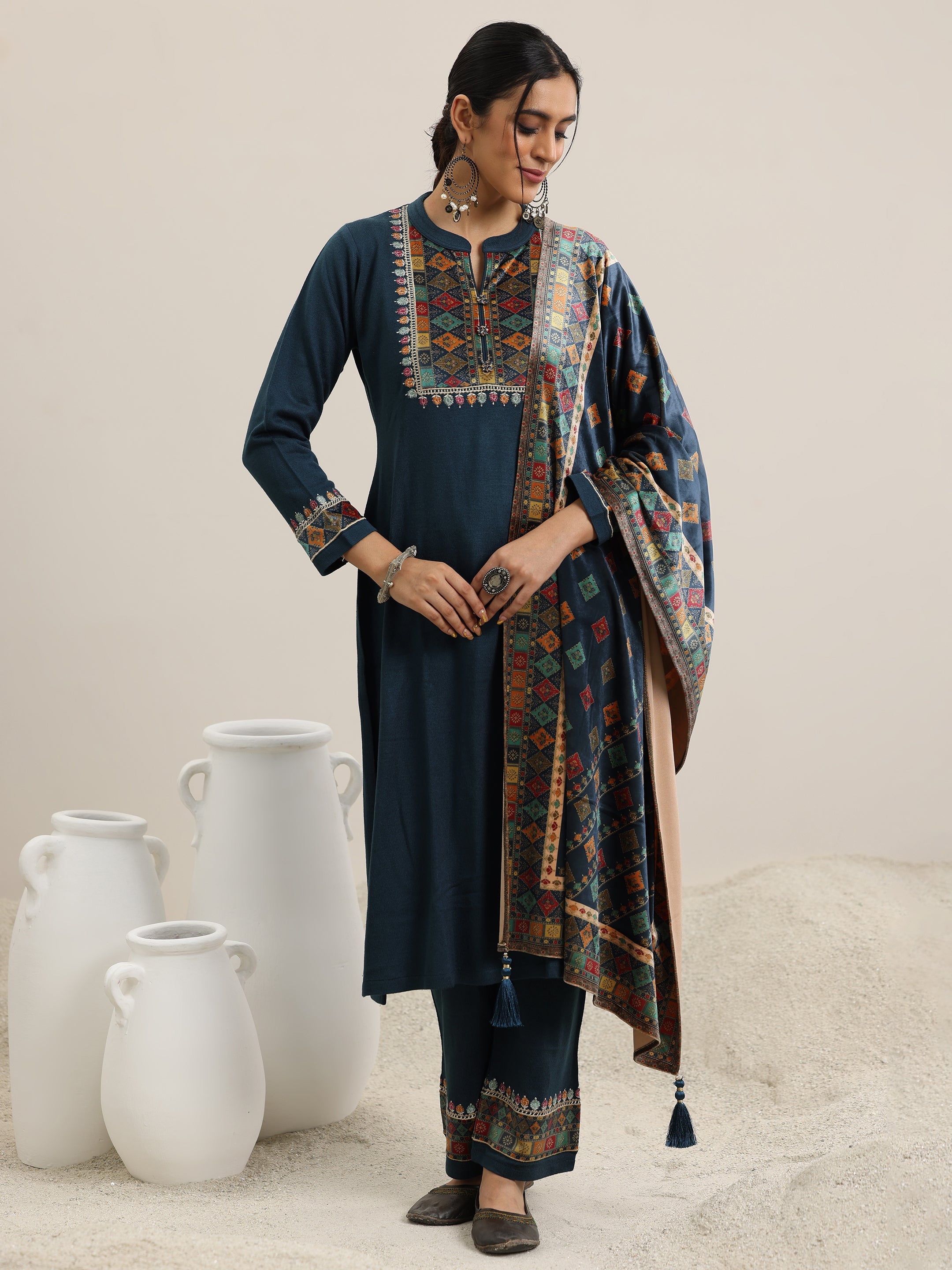 Libas Blue Yoke Design Wool Blend Straight Suit With Dupatta