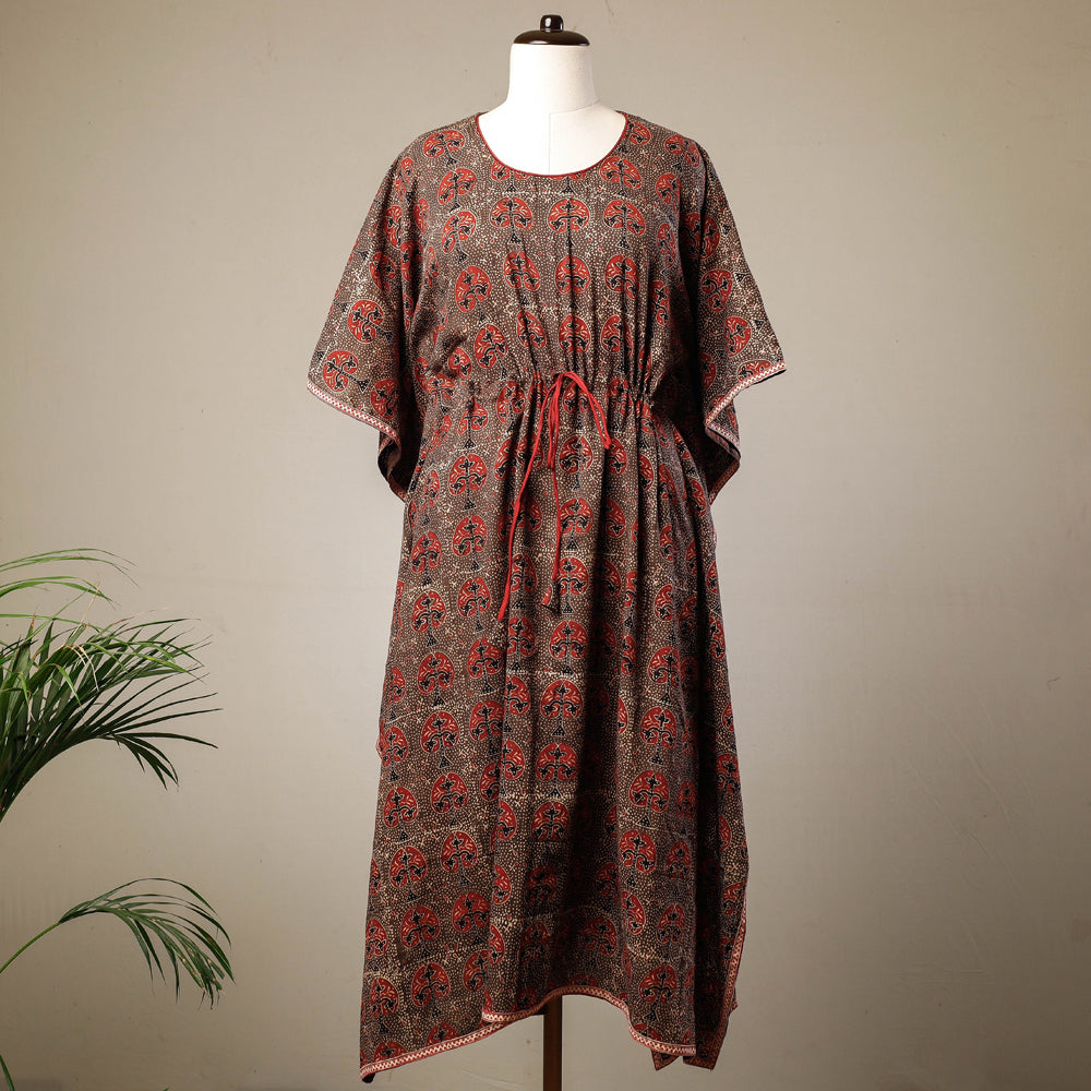 KACHCHH JI CHHAAP Brown - Ajrakh Hand Block Printed Cotton Kaftan with Tie-Up Waist (Long)