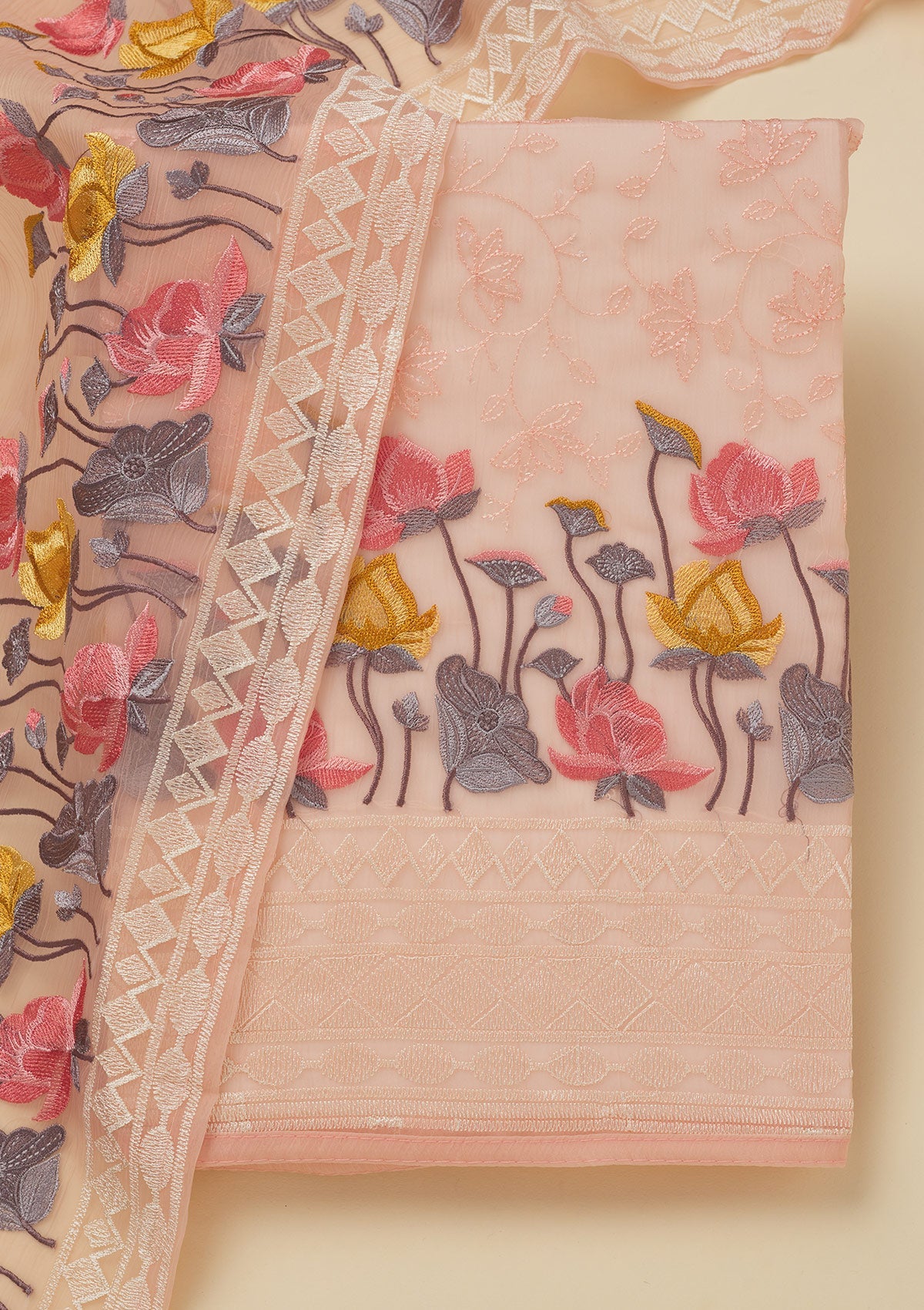 Koskii Peach Threadwork Organza Unstitched Salwar Suit - view 6