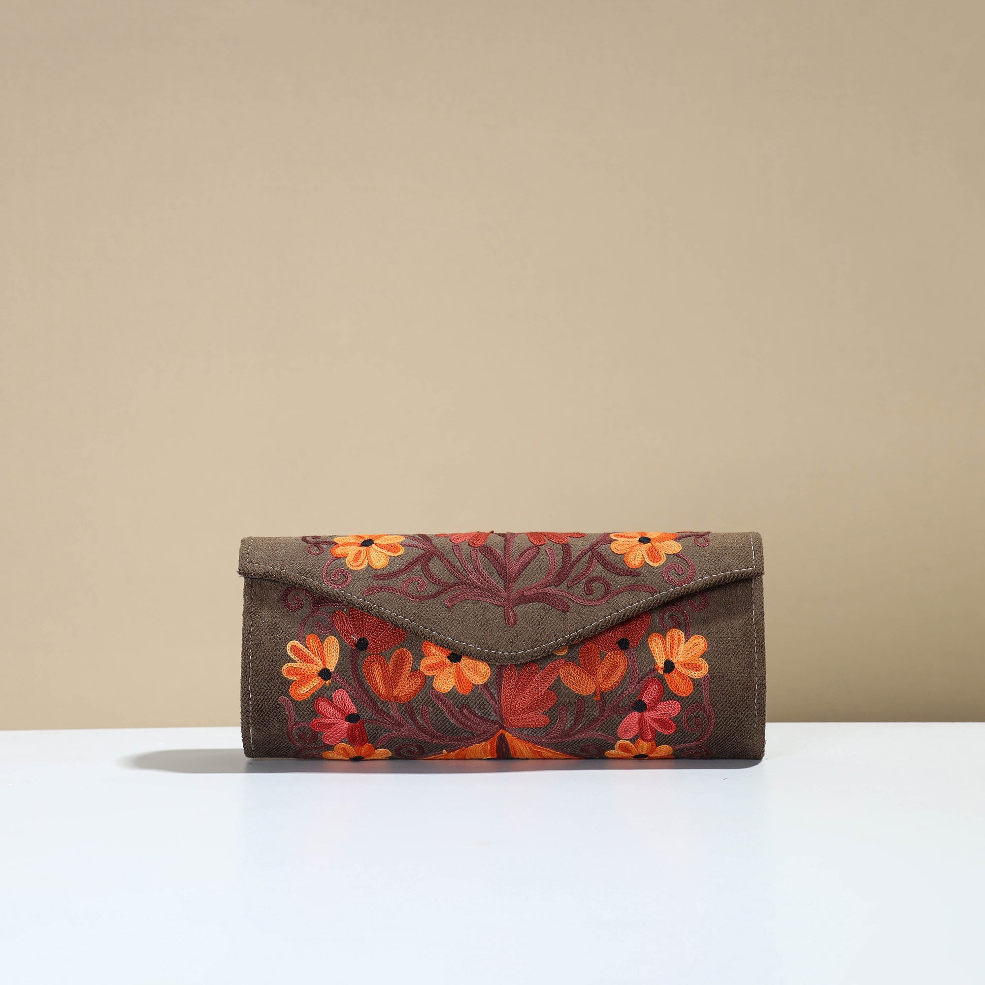 ITOKRI CRAFTS INITIATIVE Brown - Kashmiri Crewel Hand Embroidery Velvet Clutch 42