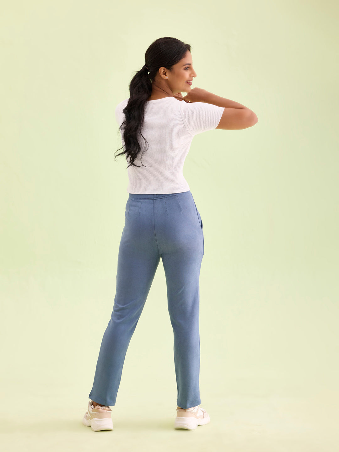Go Colors Women Solid Dark Jean Blue Mid Rise Suede Treggings - view 3