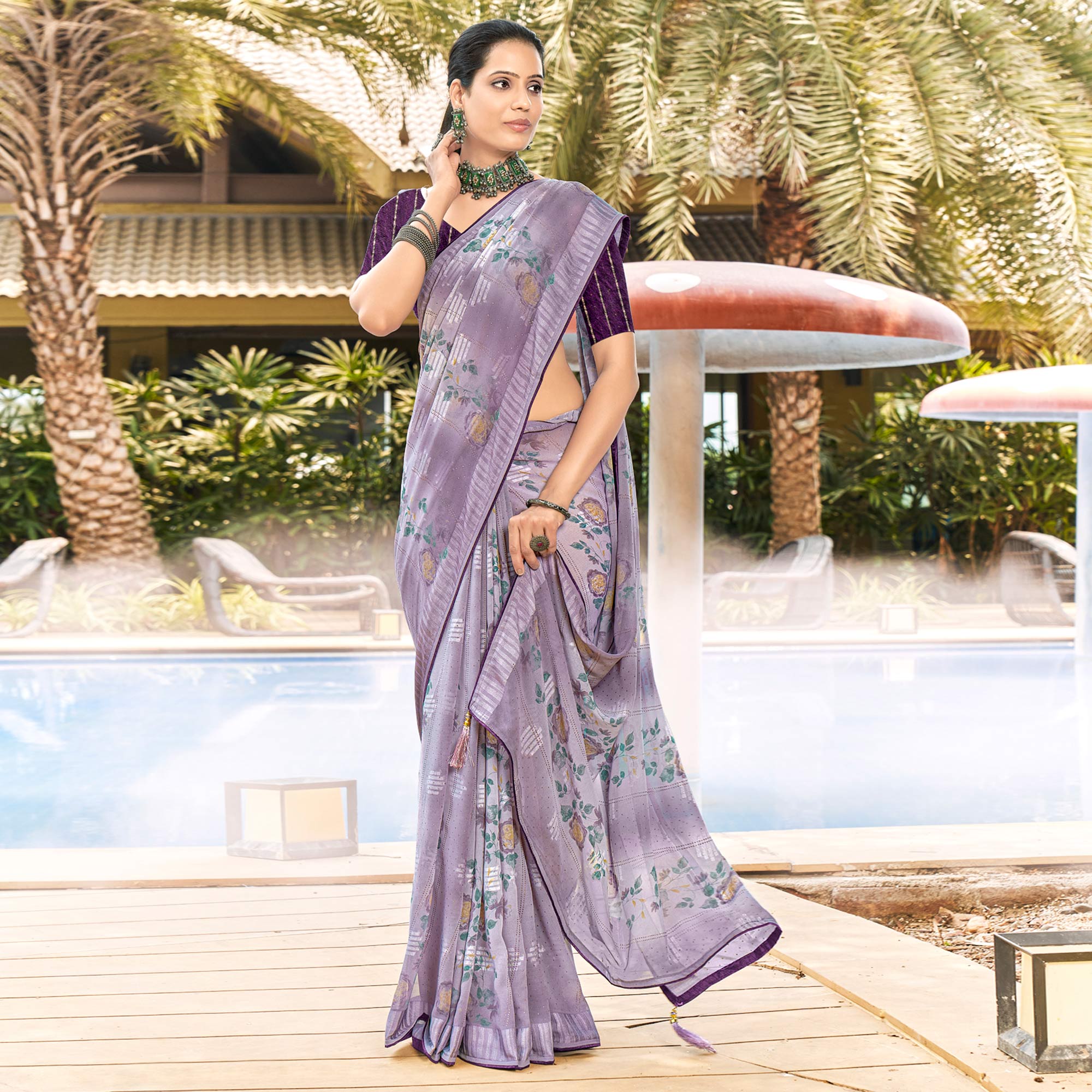 Peachmode Dusty Violet Printed Georgette Saree With Swarovski Work