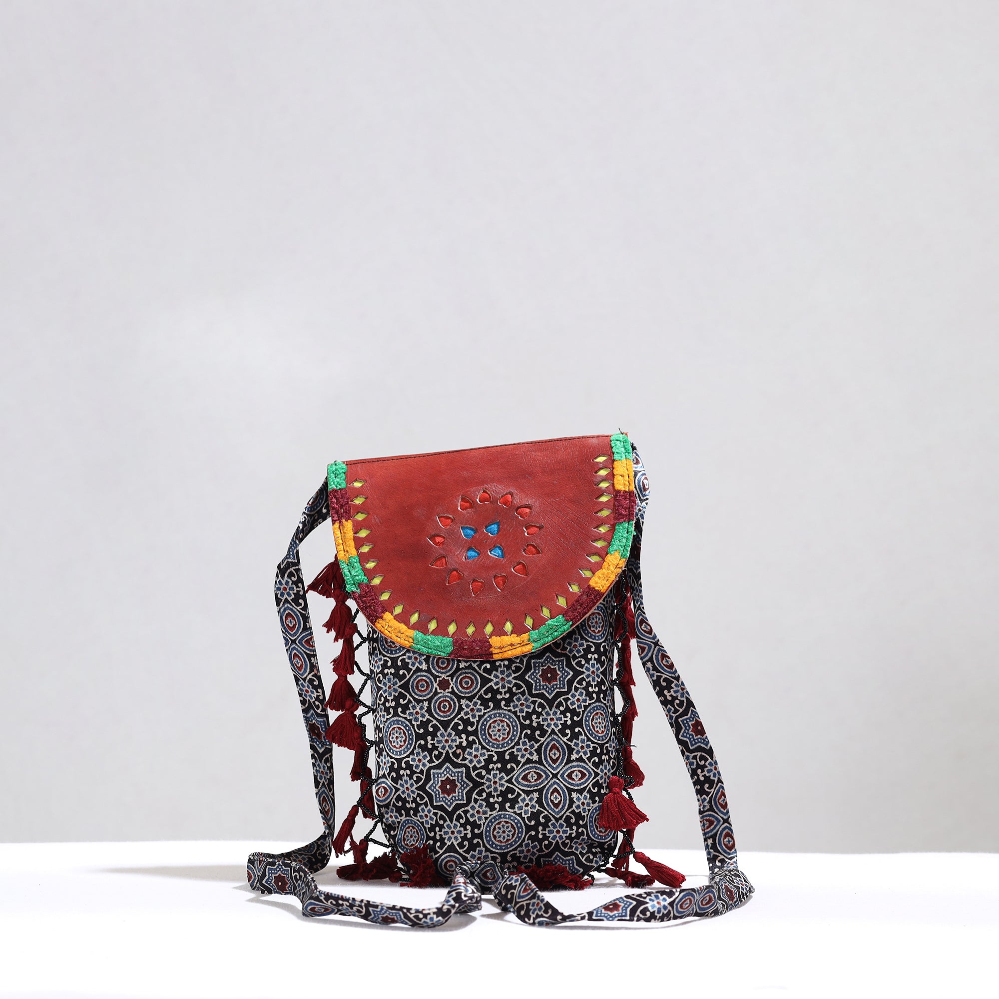 KACHCHH JI CHHAAP Black - Kutch Leather & Mashru Silk Sling Bag with Tassels 31 - view 2