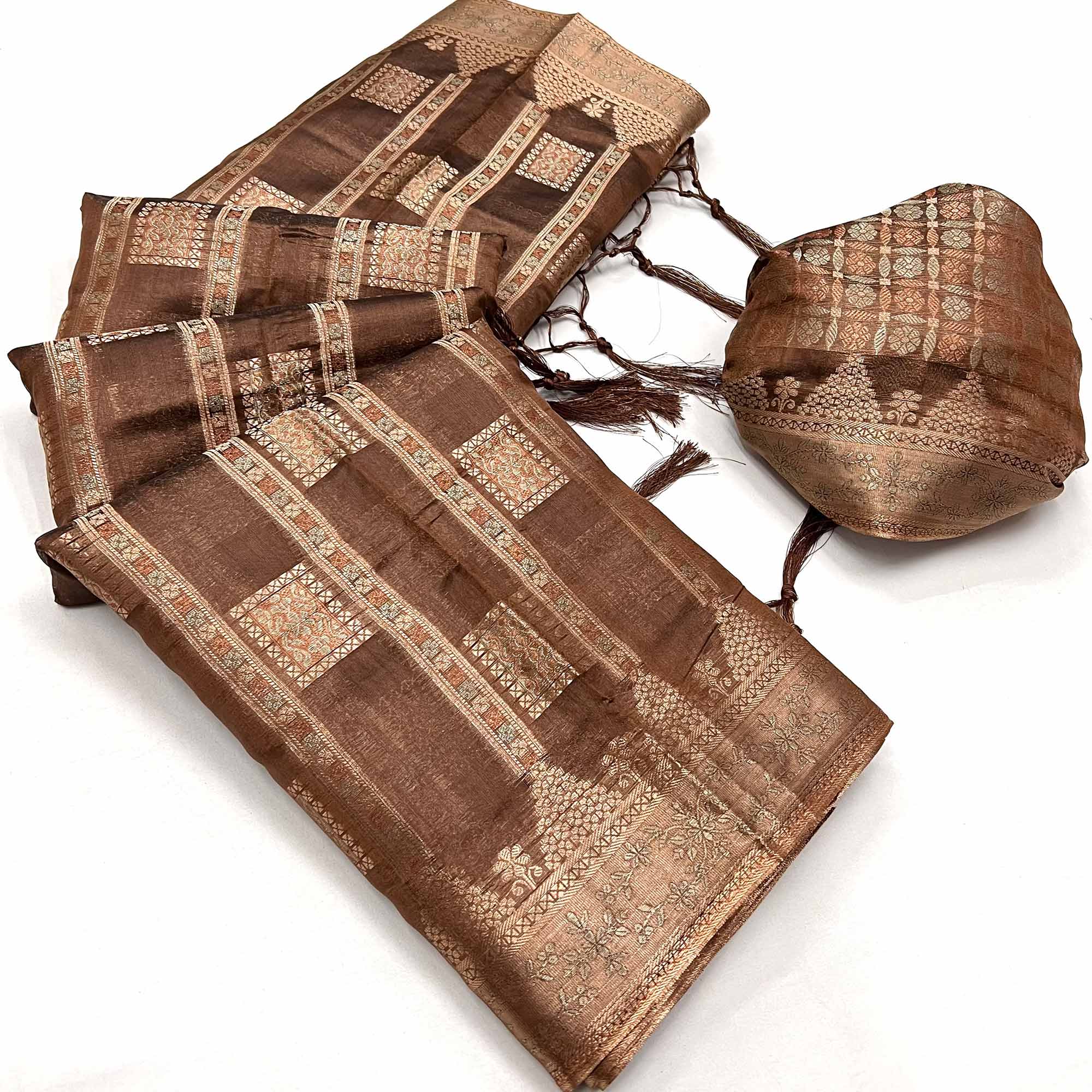 Peachmode Brown Woven Cotton Blend Saree With Tassels