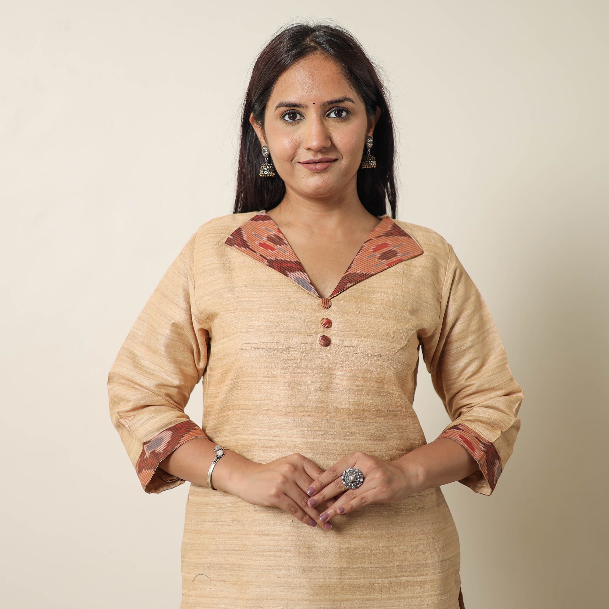ITOKRI CASUALS Beige - Bhagalpuri Handwoven Desi Tussar Silk Straight Kurta 07