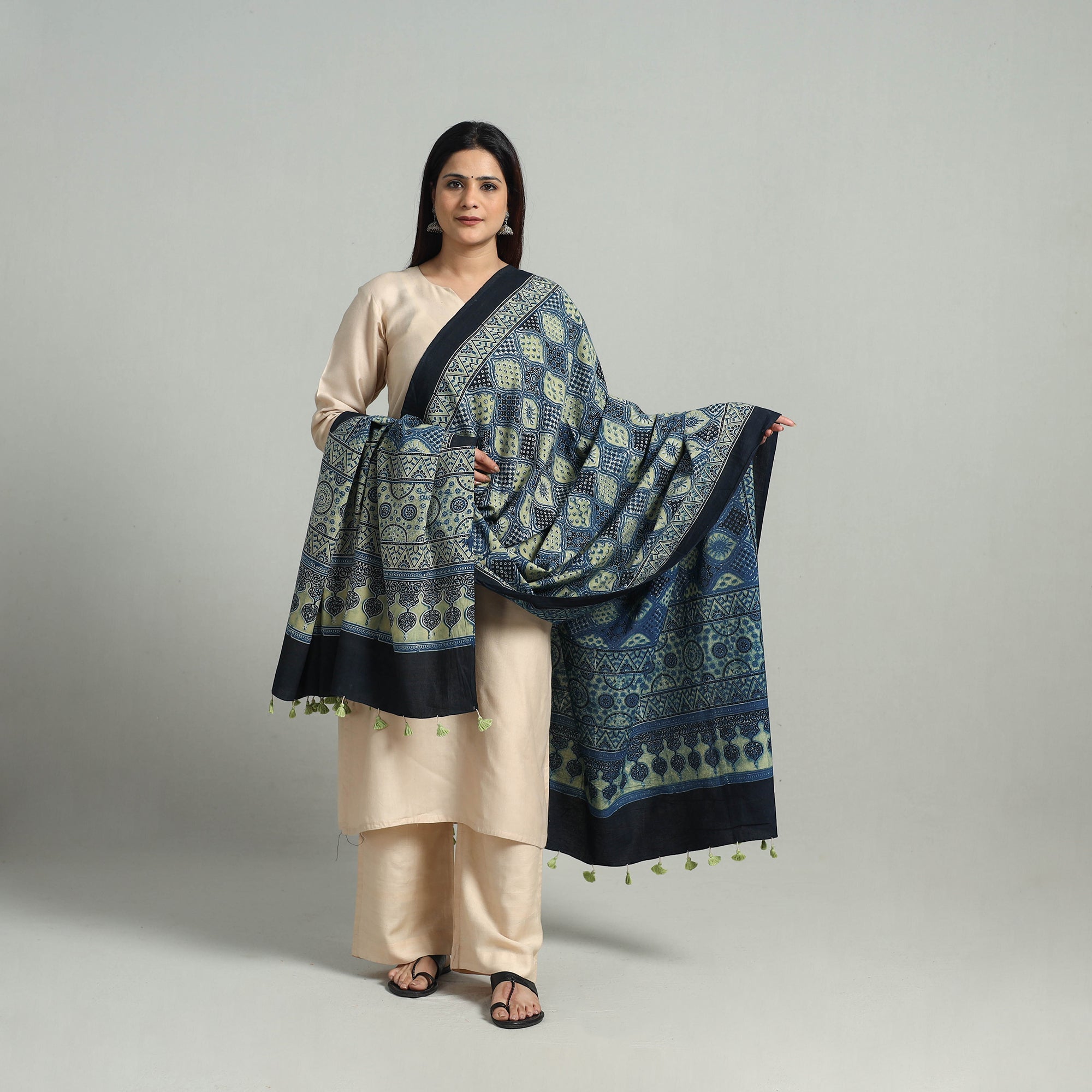 AJRAKH BY SUFIYAN ISMAIL KHATRI Blue - Hand Block Printed Cotton Ajrakh Dupatta 02 - view 2