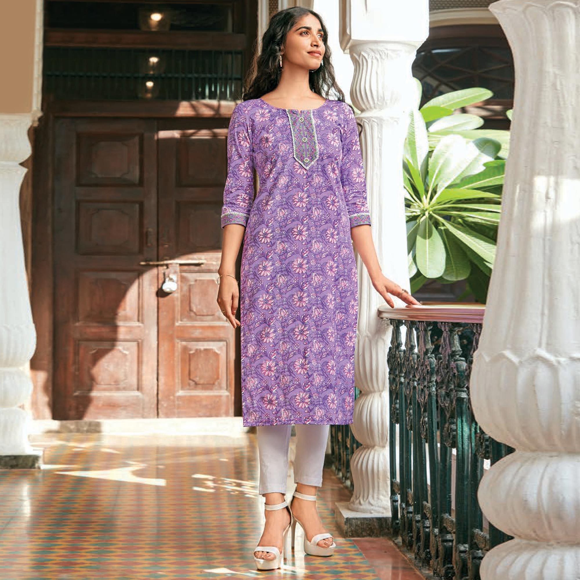 Peachmode Seller Lavender Floral Printed Cotton Blend Kurti