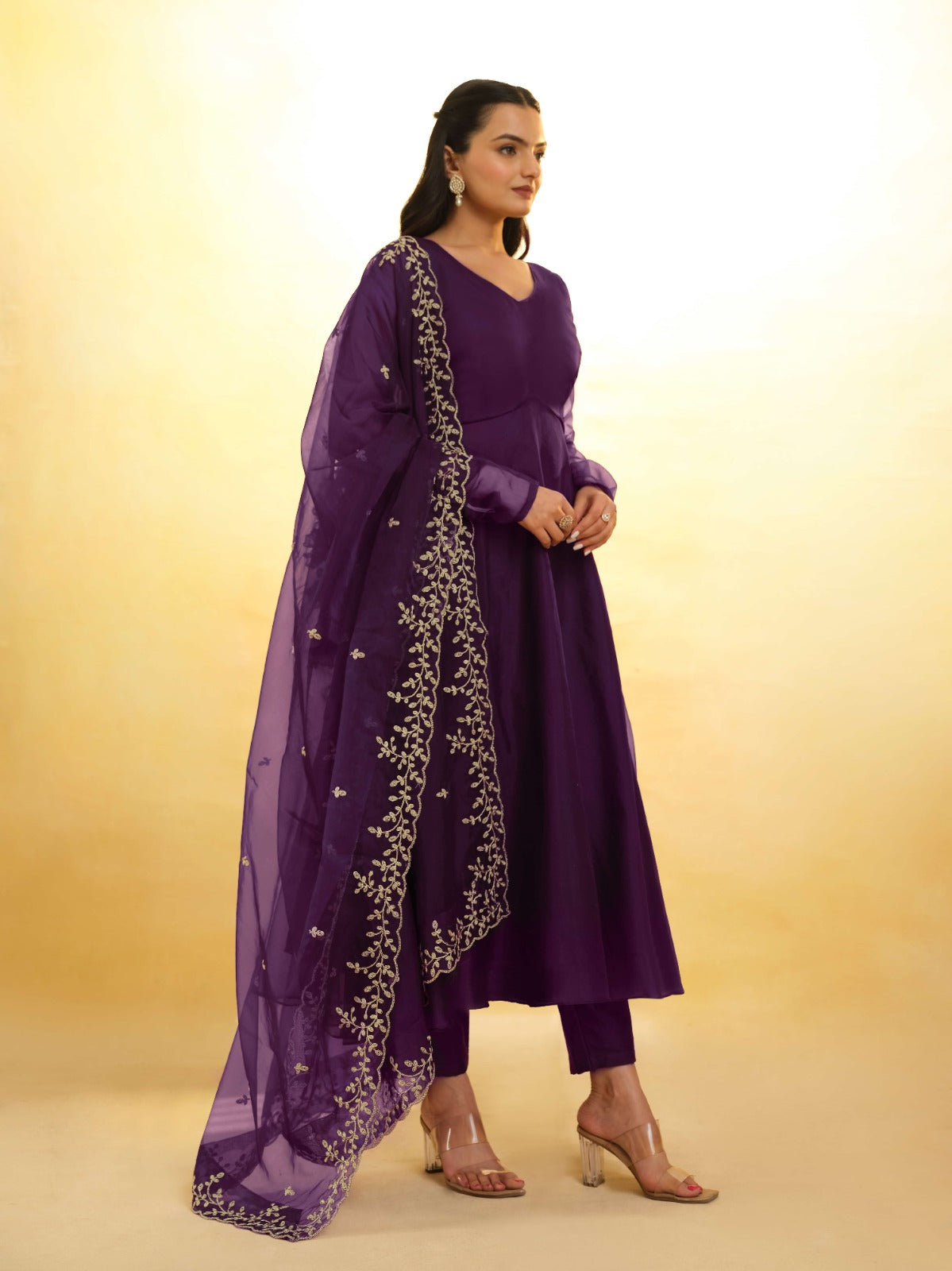 ClothsVilla Purple Organza Dress with Intricate Embroidery – Ready to Wear - view 2