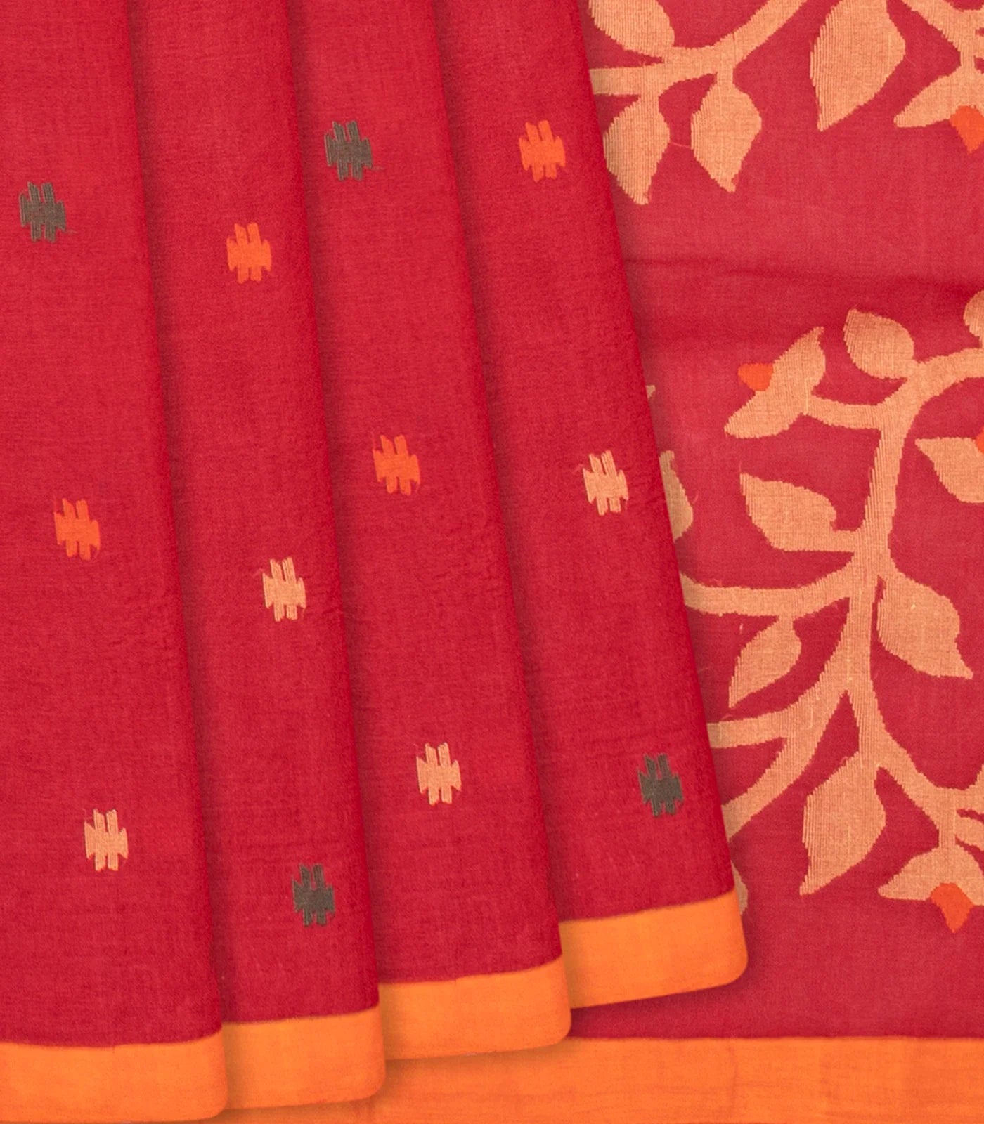 RmKV Red Handloom Dhakai Cotton Saree With Geometric Motifs-Red