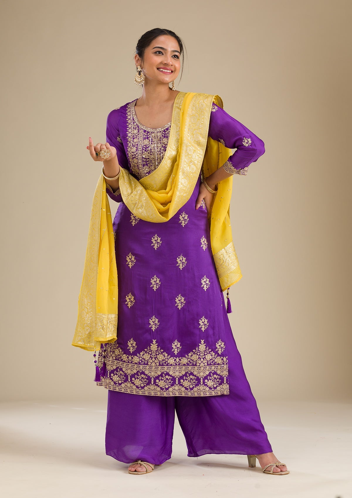Koskii Purple Zariwork Semi Crepe Readymade Salwar Suit