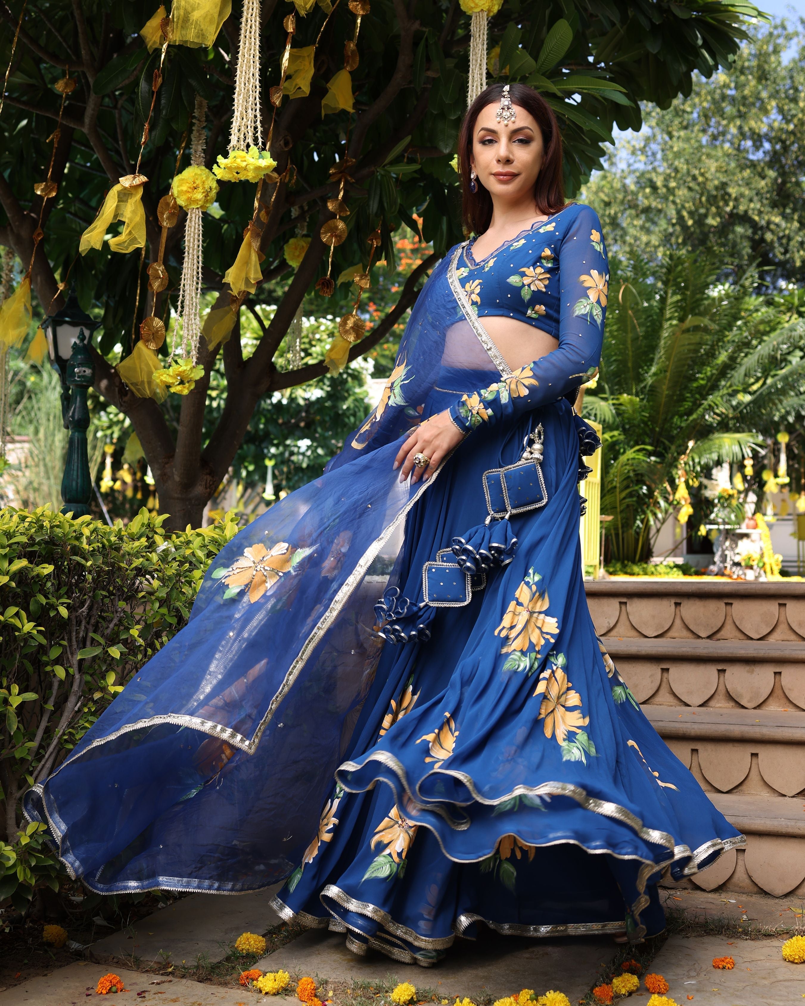 Aachho Madison Blue Handpainted Georgette Lehenga Set - view 6
