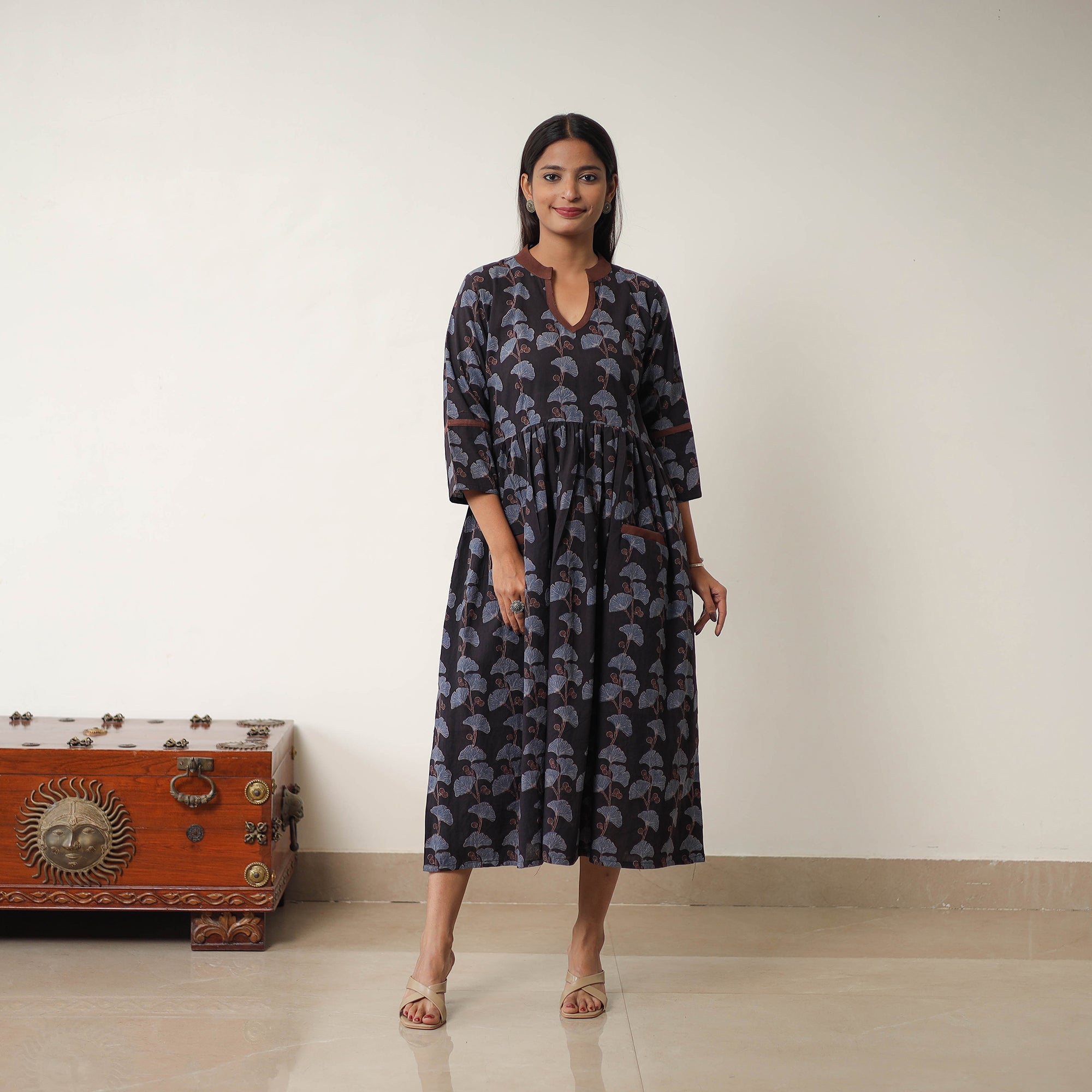 ITOKRI CASUALS Black - Hand Block Print Cotton Flared Gher Ajrakh Dress 06 - view 2
