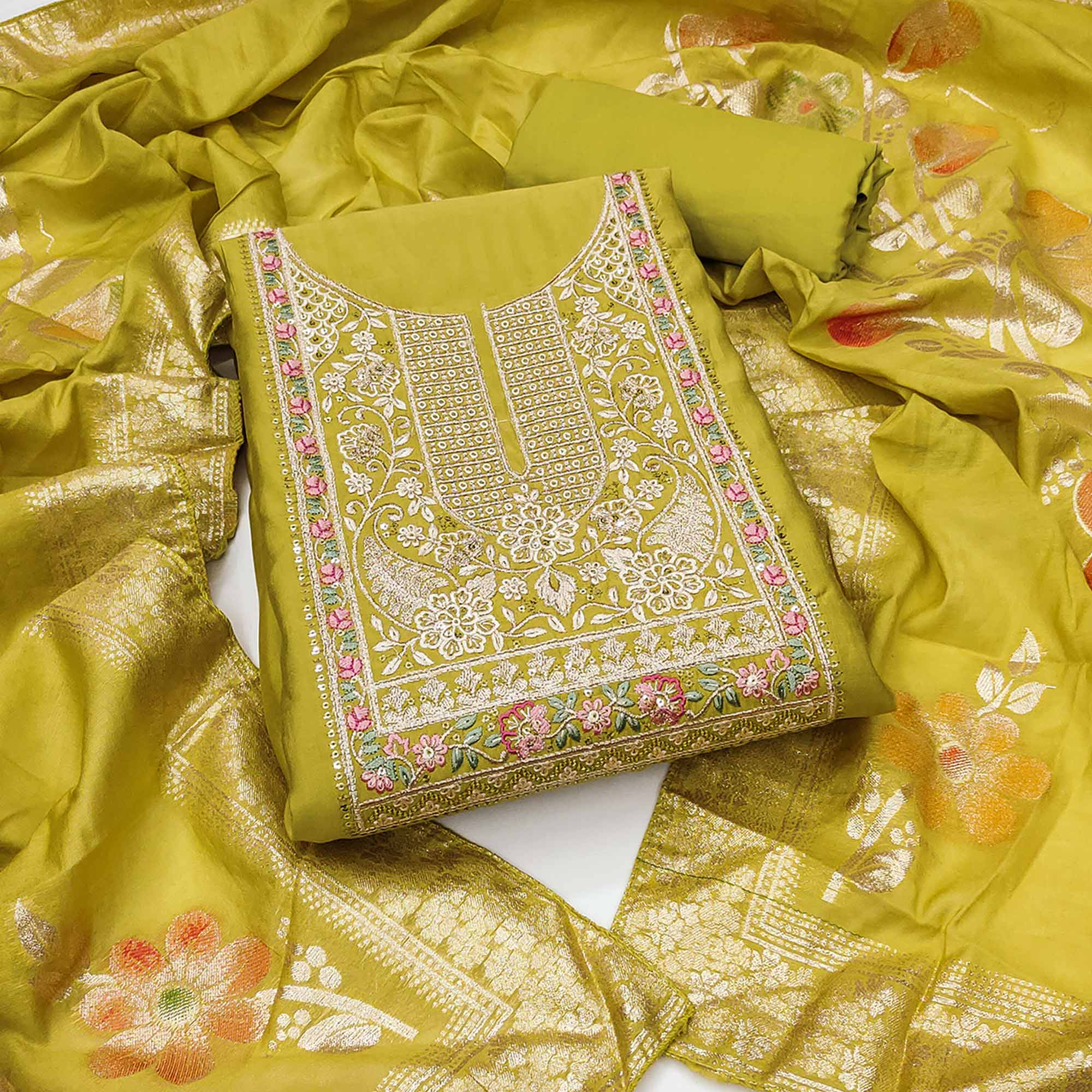Green dress materials (unstitched) – BlackTree green-floral-sequins-embroidered-roman-cotton-silk-dress-material-5