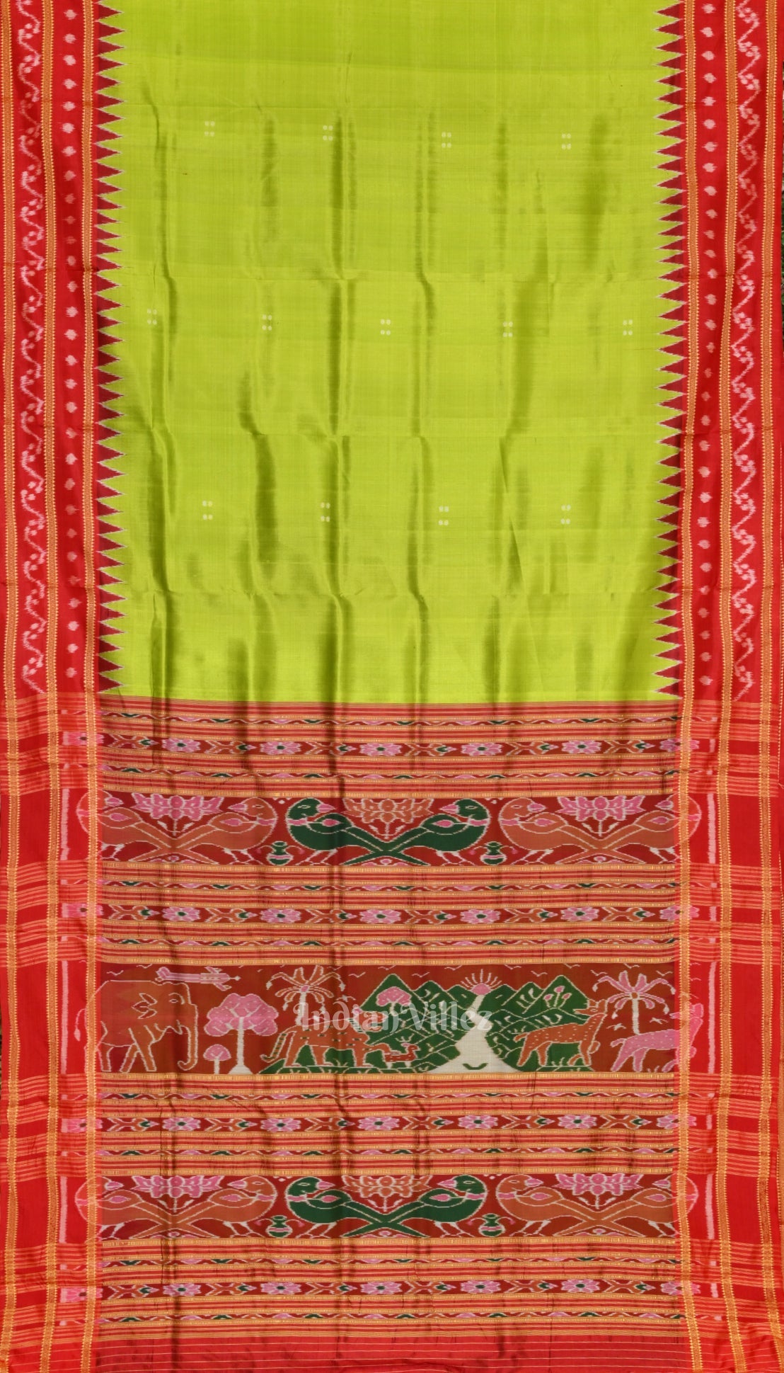 IndianVillèz Parrot Green with Red Butta Design Odisha Ikat Khandua Silk Saree