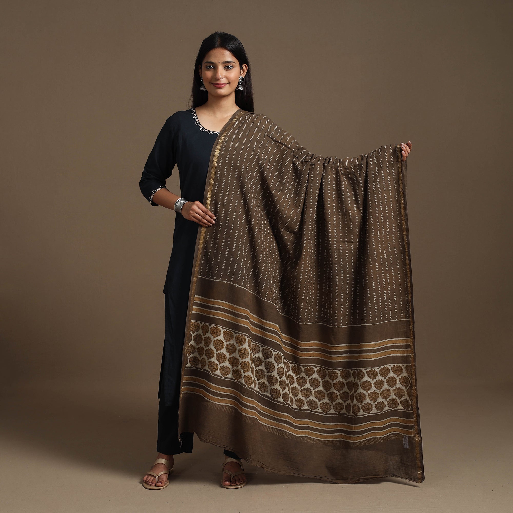 HAVELI CHRONICLES Brown - Cotton Akola Block Print Dupatta with Zari Border 19 - view 2
