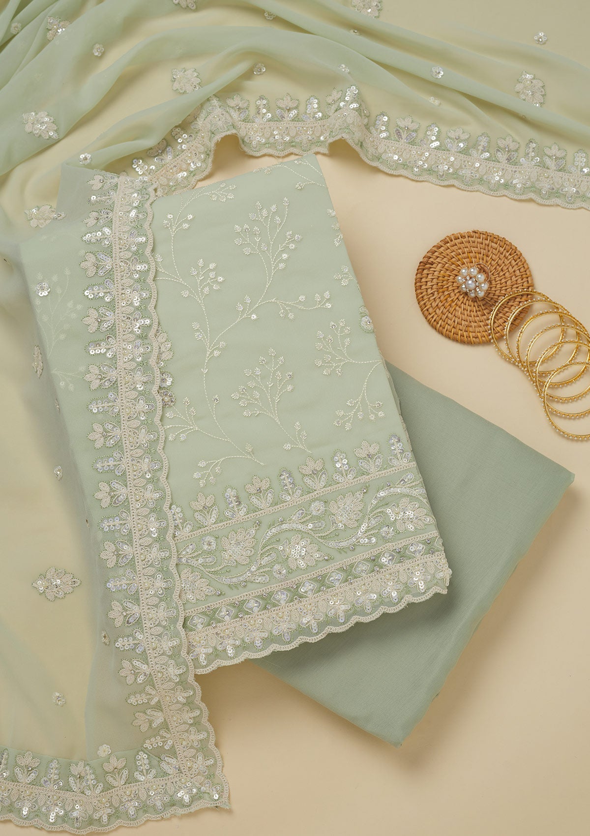 Koskii Pista Green Sequins Georgette Unstitched Salwar Suit