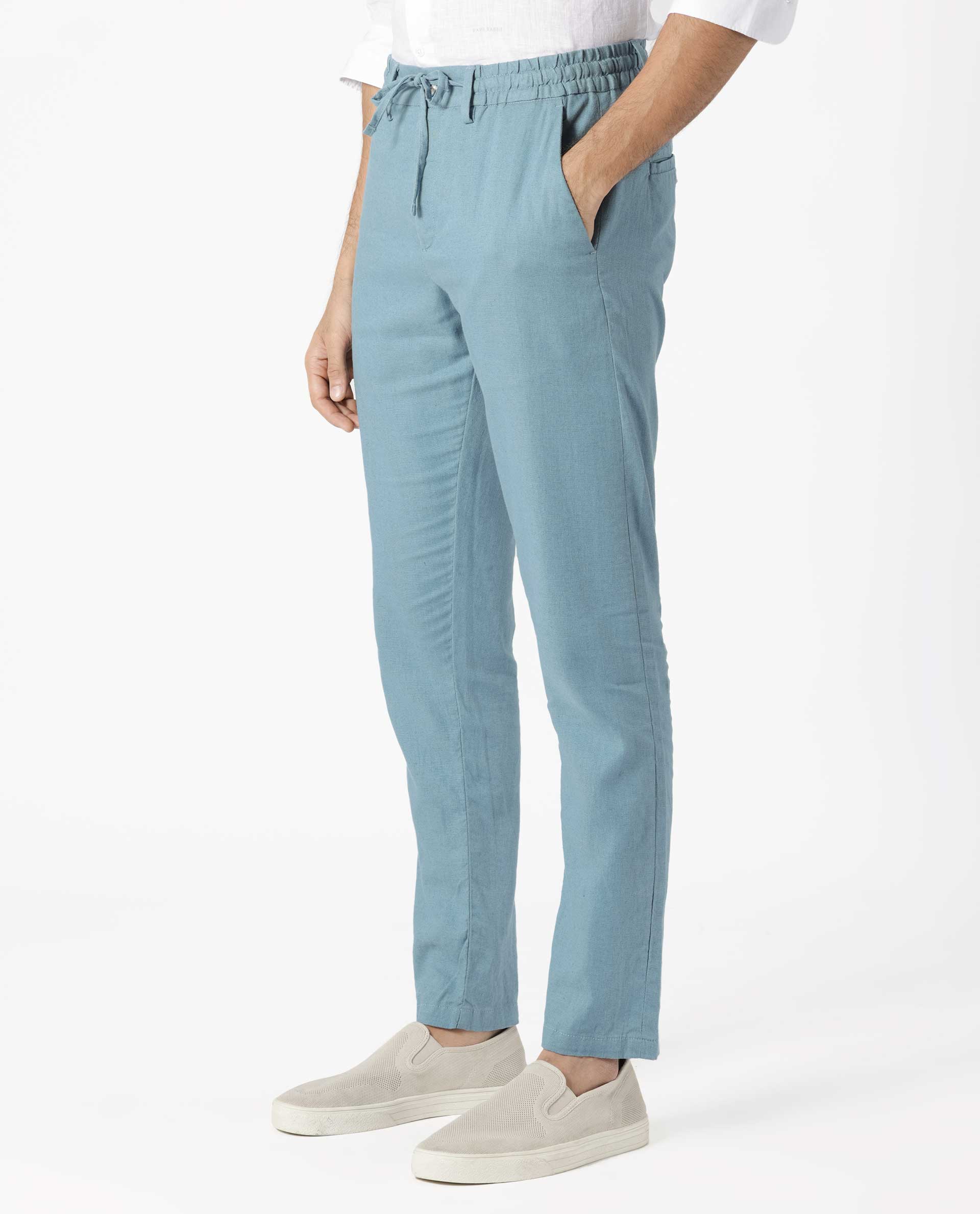 Rare Rabbit Men's Linac Dusky Blue Solid Drawstring With Elastic Waistband Regular Fit Linen Trouser - view 5
