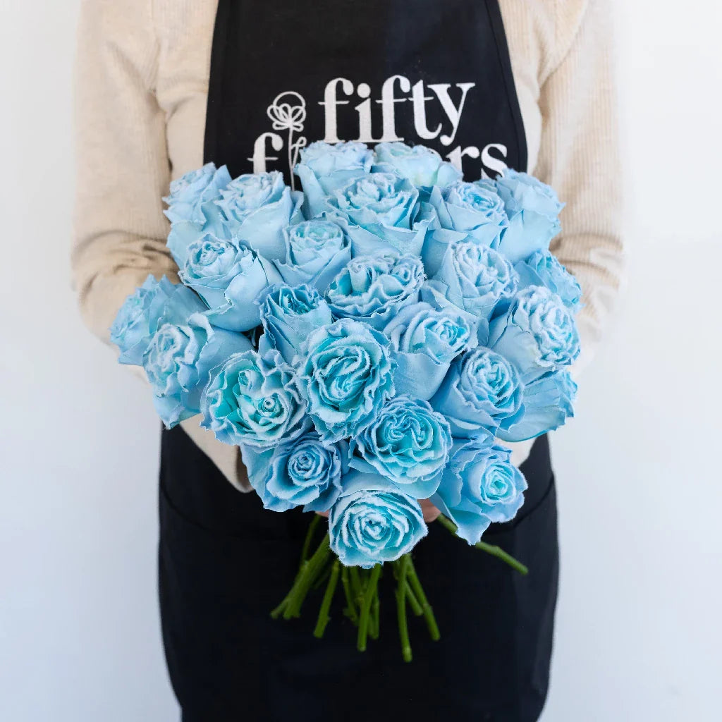FiftyFlowers Tinted Light Blue Fuzzy Roses