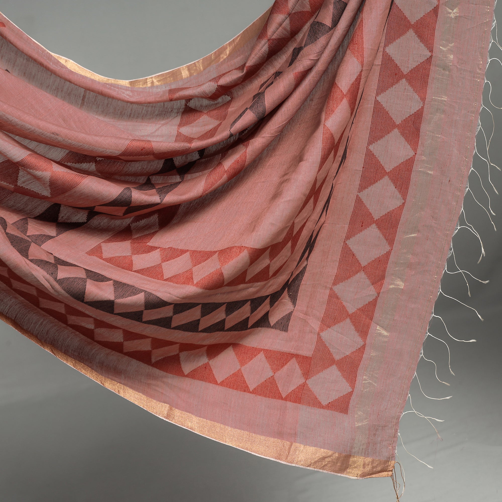 SASHA Brown - Handloom Cotton Phulia Jamdani Saree with Tassels - view 4