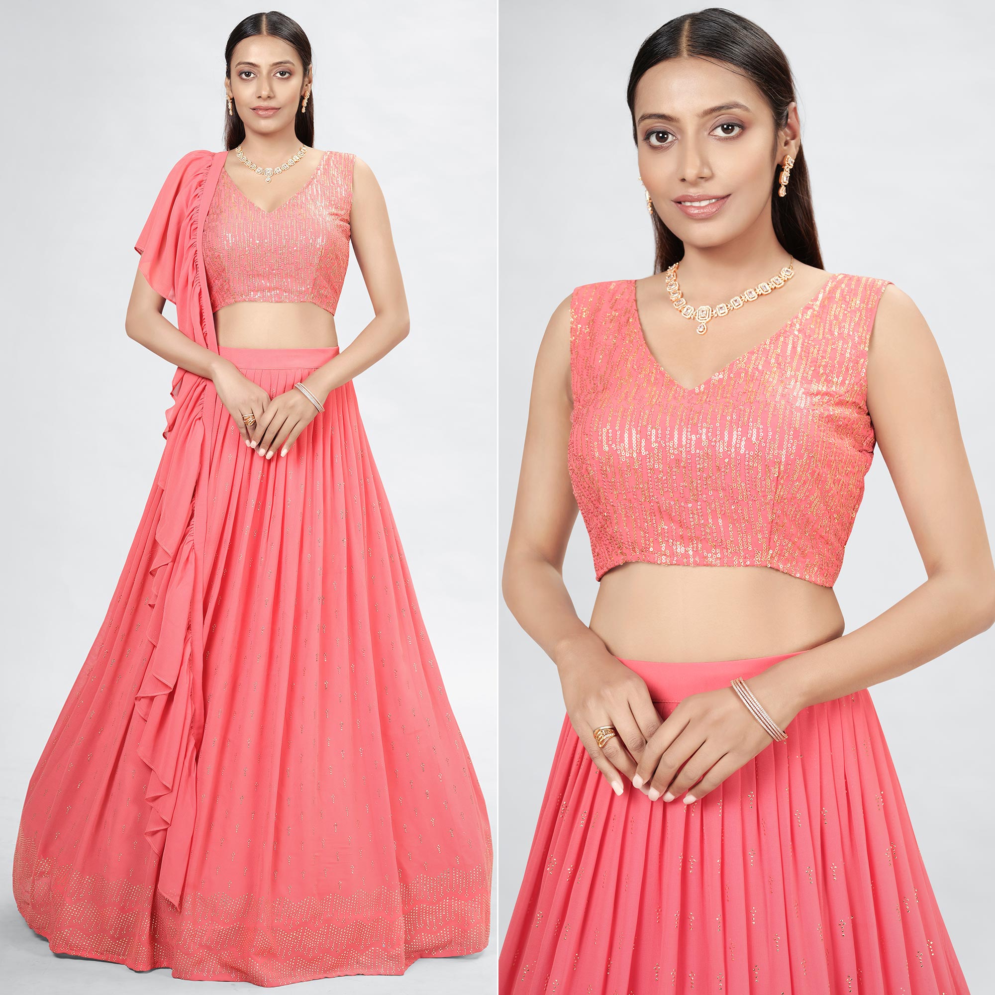 Peachmode Coral pink Embellished With Embroidered Georgette Lehenga Choli
