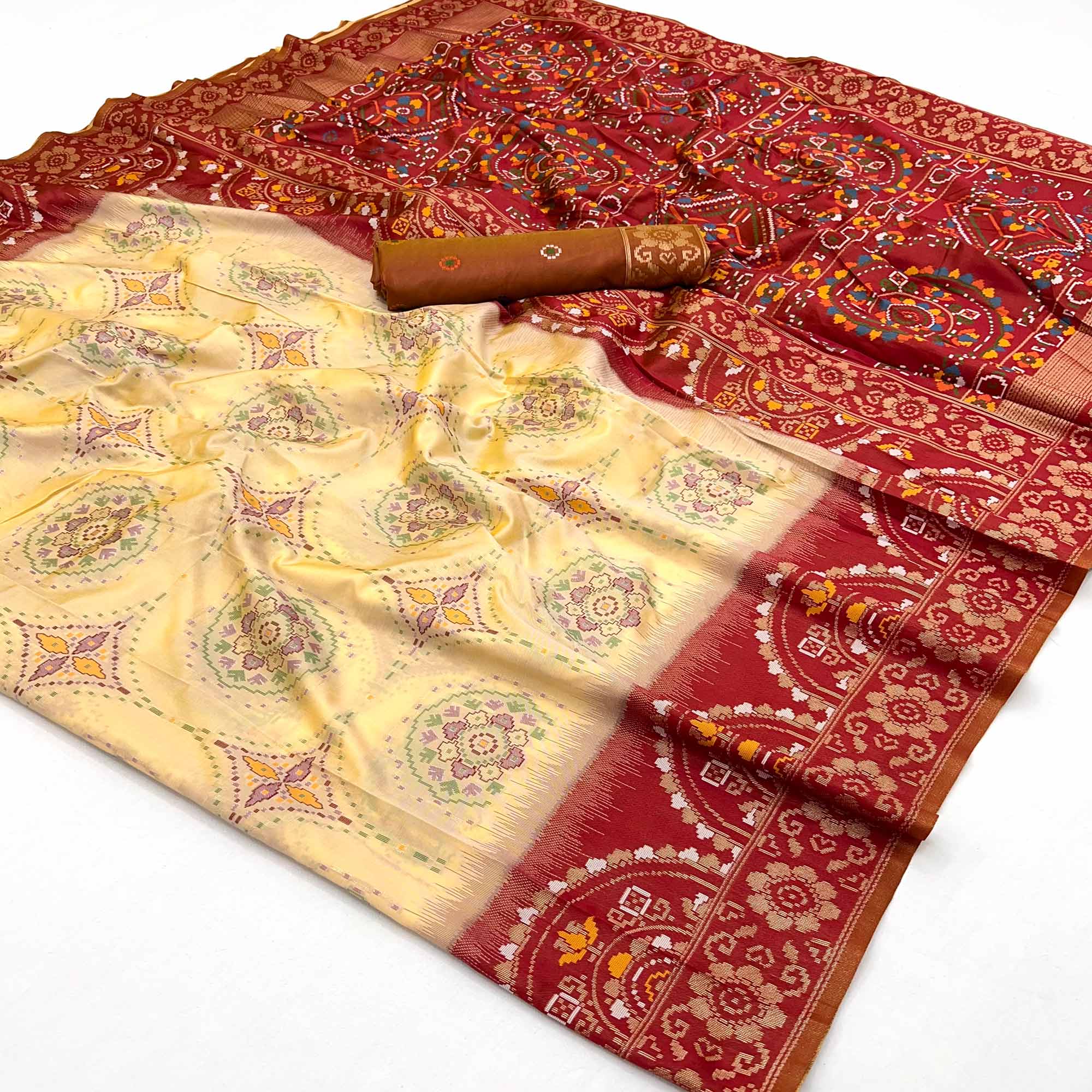 Peachmode Light Yellow & Maroon Floral Woven Pure Silk Saree