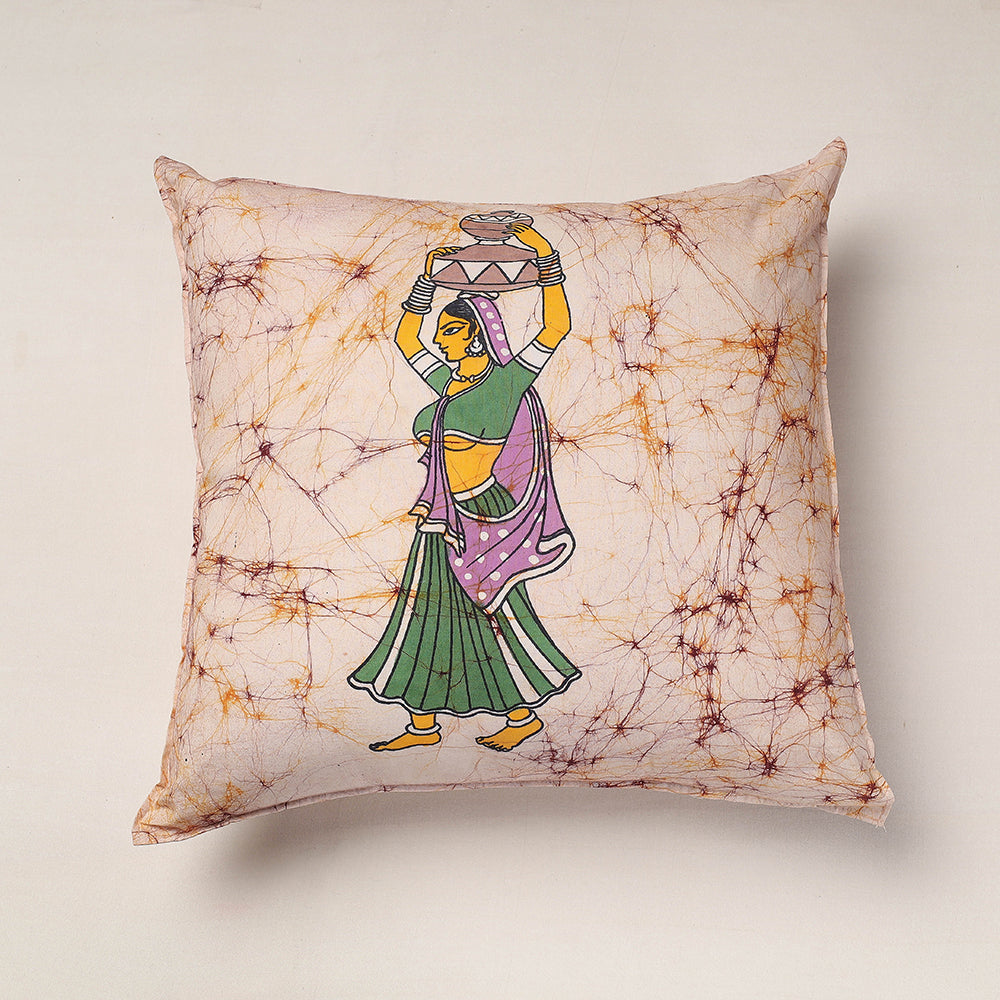 KACHCHH JI CHHAAP Beige - Hand Batik Printed Cotton Cushion Cover (18 x 18 in)
