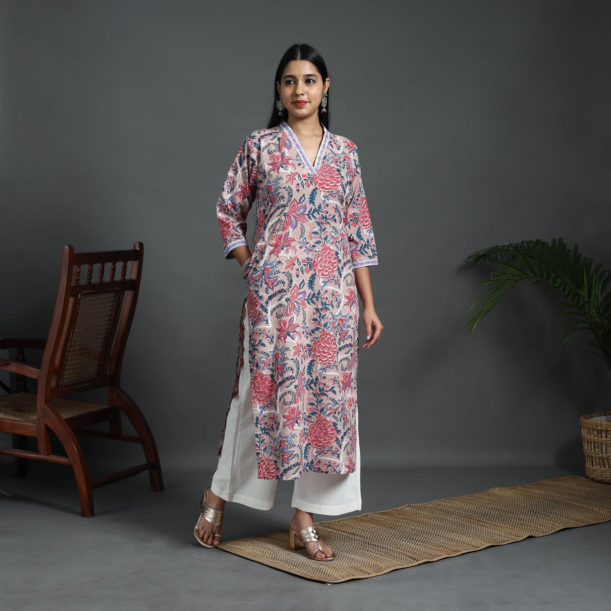 ITOKRI CASUALS Beige - Sequins Work Cotton Straight Sanganeri Print Kurta 03 - view 3