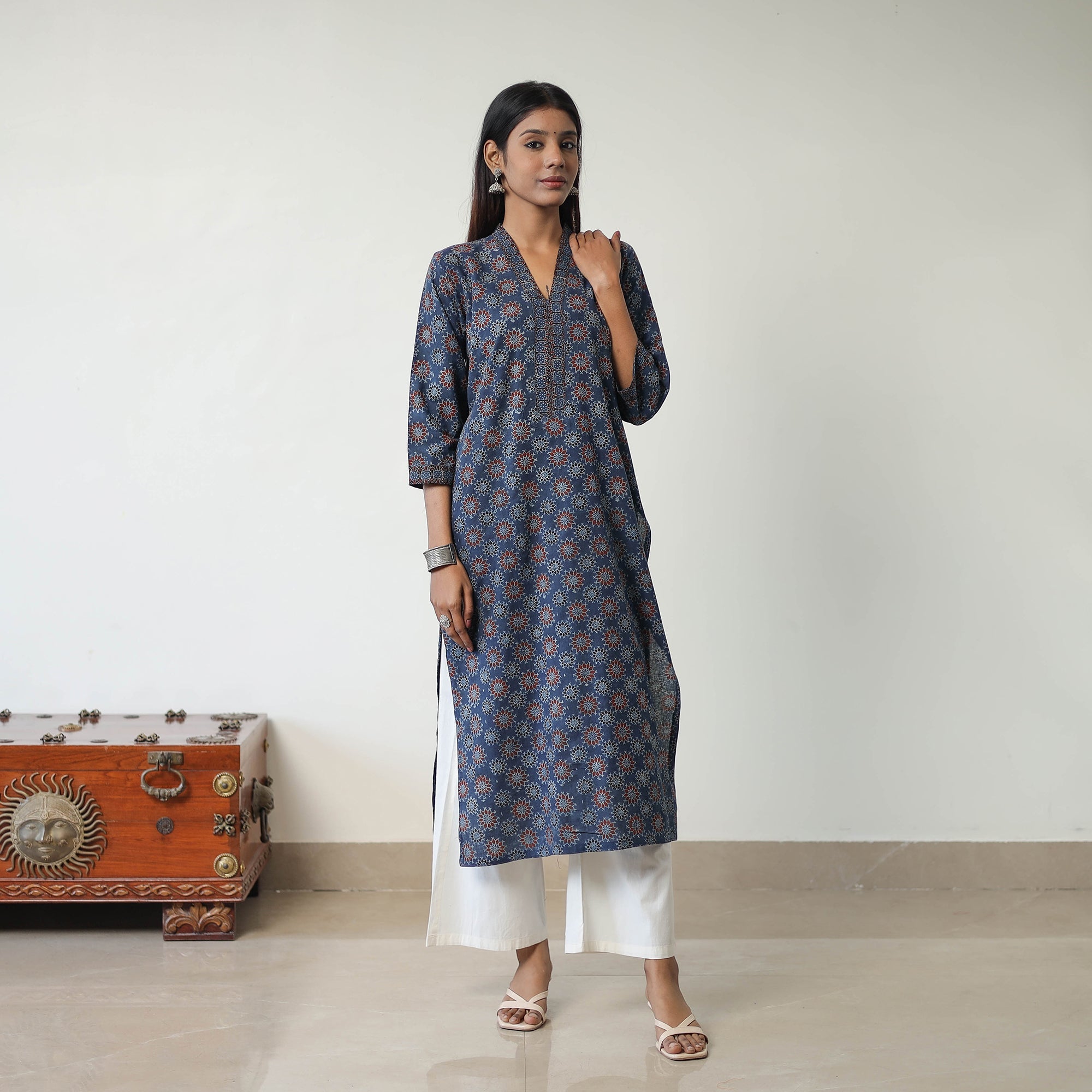 ITOKRI CASUALS Blue - Block Printed Cotton Straight Ajrakh Kurta 25 - view 5