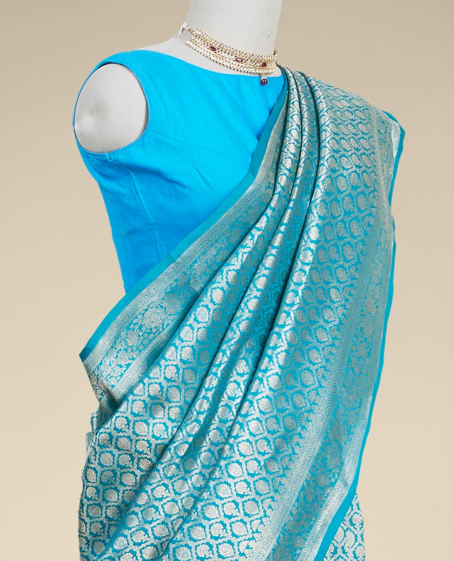 Pothys Blue ogee design banaras silk saree with self floral zari border