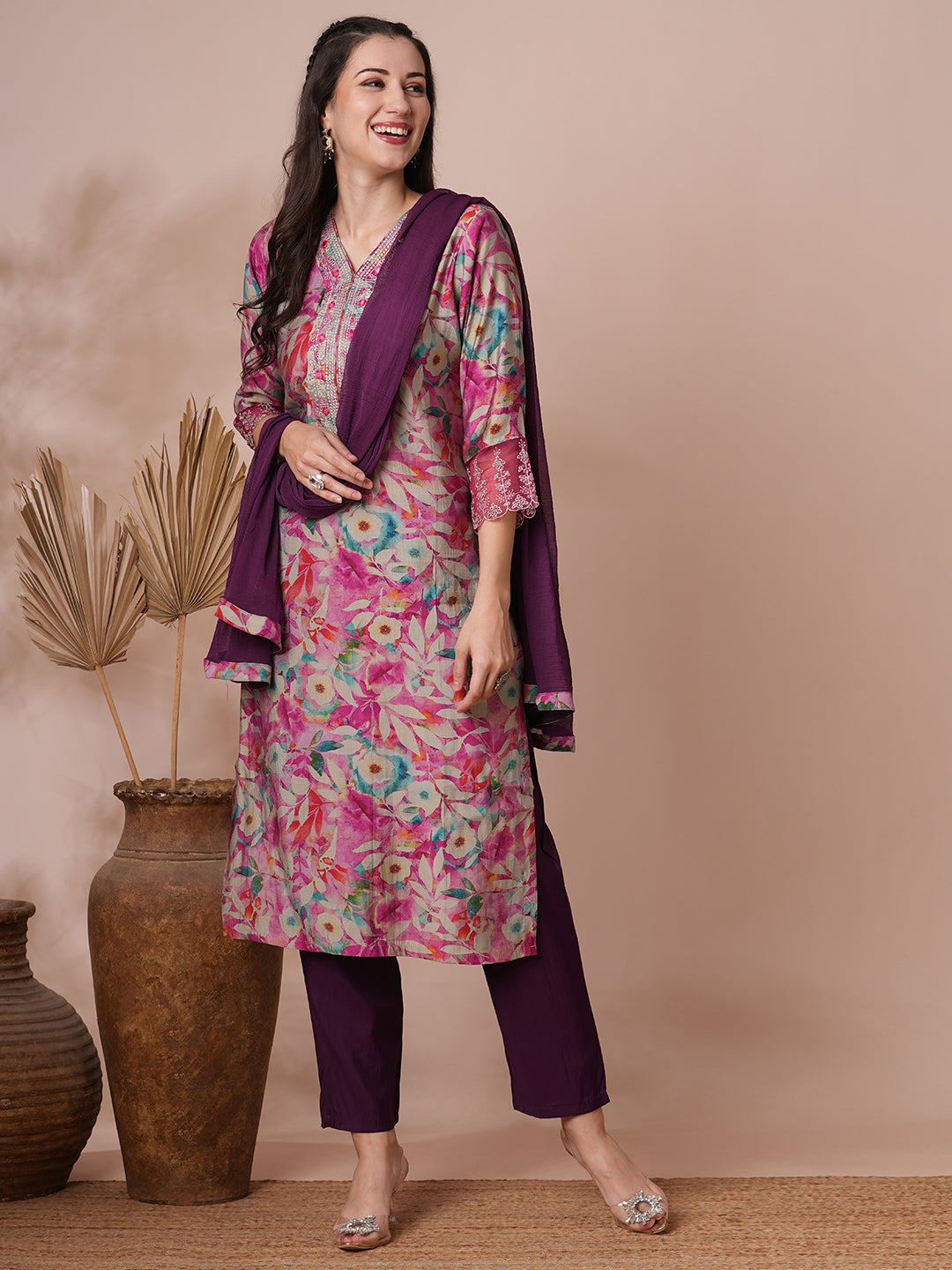 FASHOR Floral Printed & Embroidered Straight Fit Kurta with Pant and Dupatta - Pink - view 2