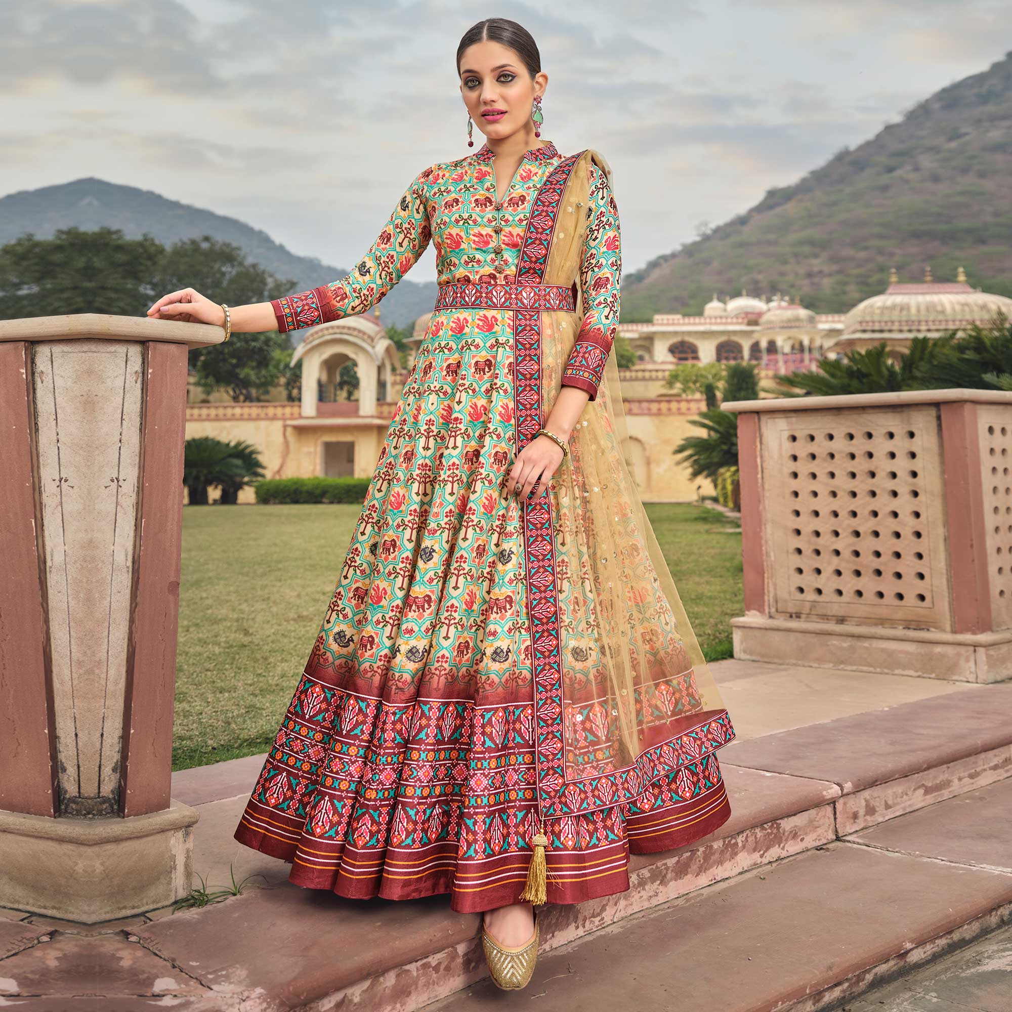 Peachmode Seller Cream & Blue Patola Digital Printed Dola Silk Gown - view 2