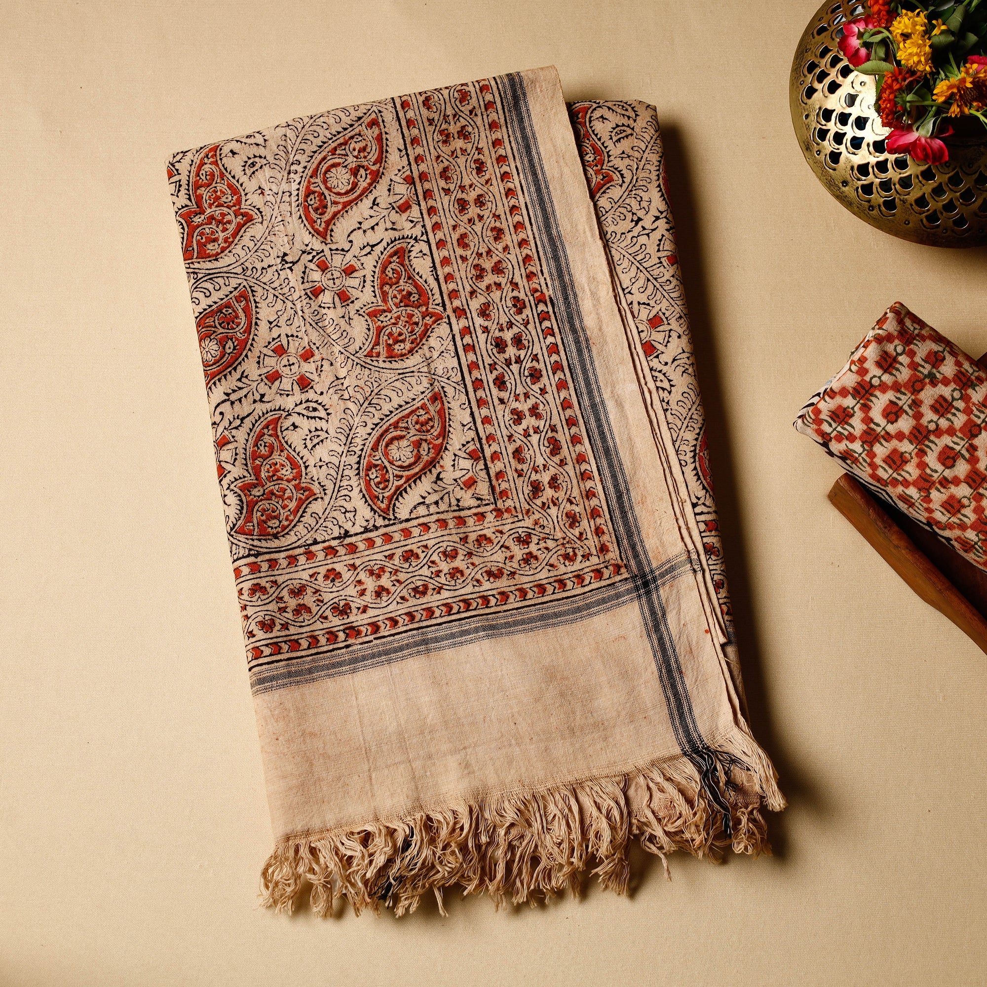 PITCHUKA SRINIVAS KALAMKARI PEDANA Beige - Pedana Kalamkari Block Printed Handloom Cotton Towel
