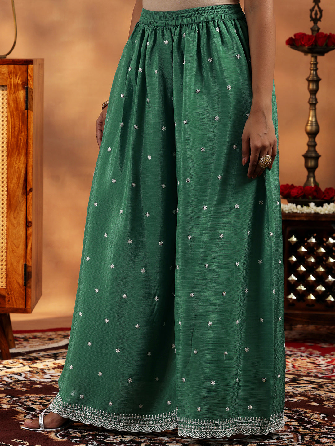 Libas Green Embroidered Silk Blend Straight Suit With Dupatta - view 7