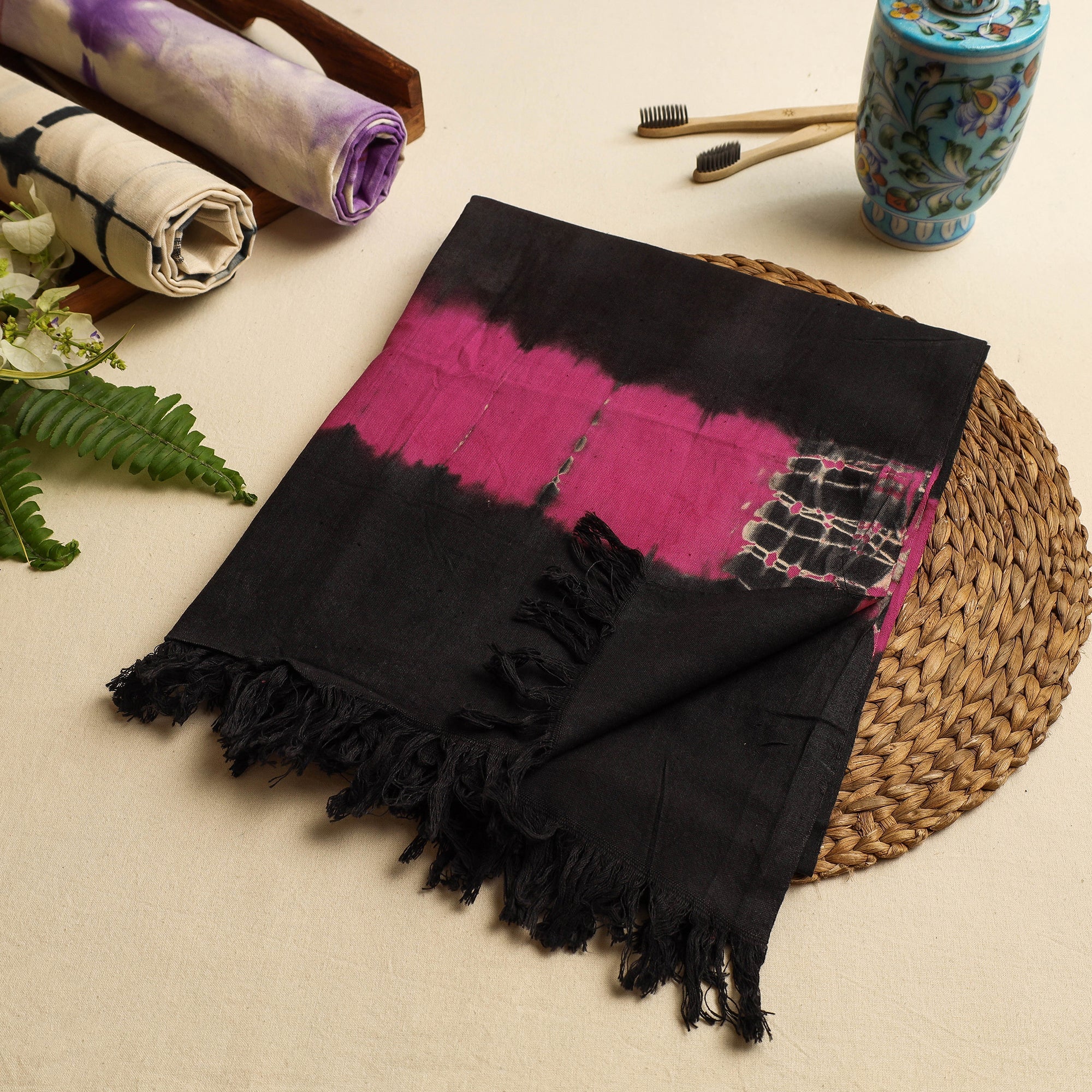 ARTISAN HAND BLOCK PRINTS Black - Jhiri Handloom Shibori Tye-Dye Pure Cotton Towel