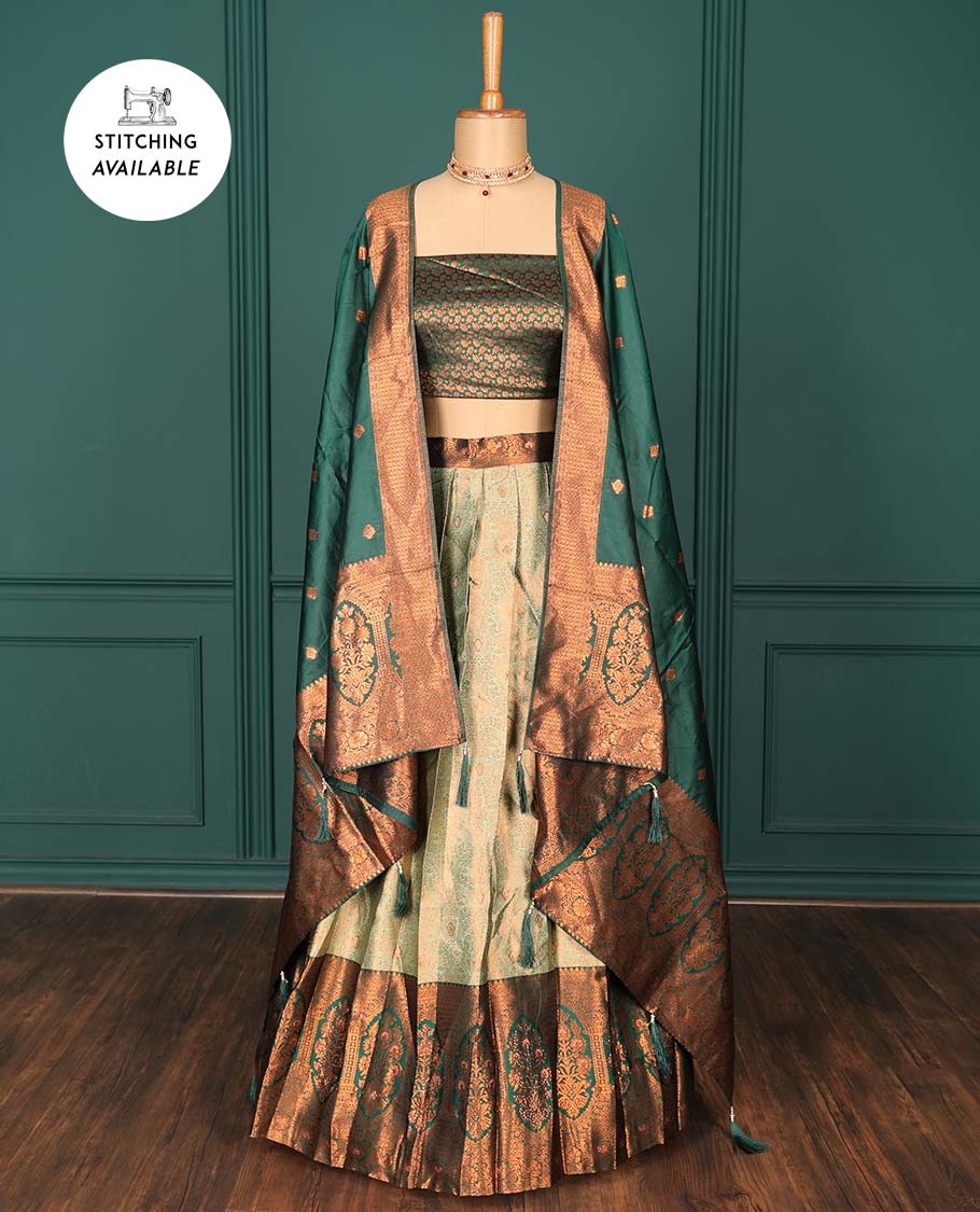 Pothys Green jacquard art-silk half-saree, contrast jacquard blouse, traditional design border & intricate dupatta - view 2