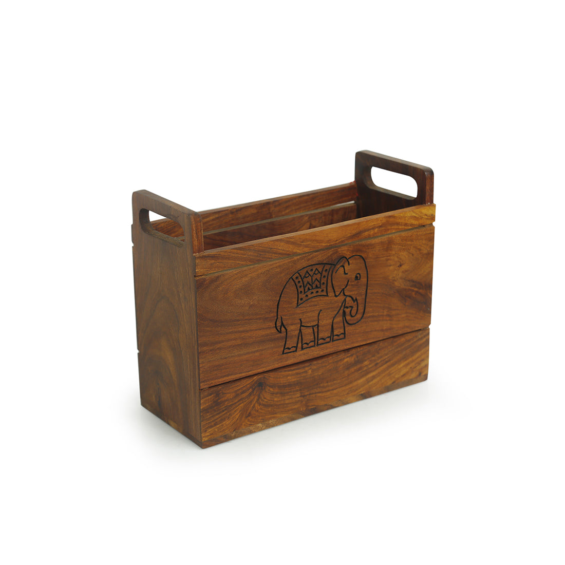 EXCLUSIVELANE 'The Elephant Warriors' Hand Carved Table Magazine Stand In Sheesham Wood - view 3