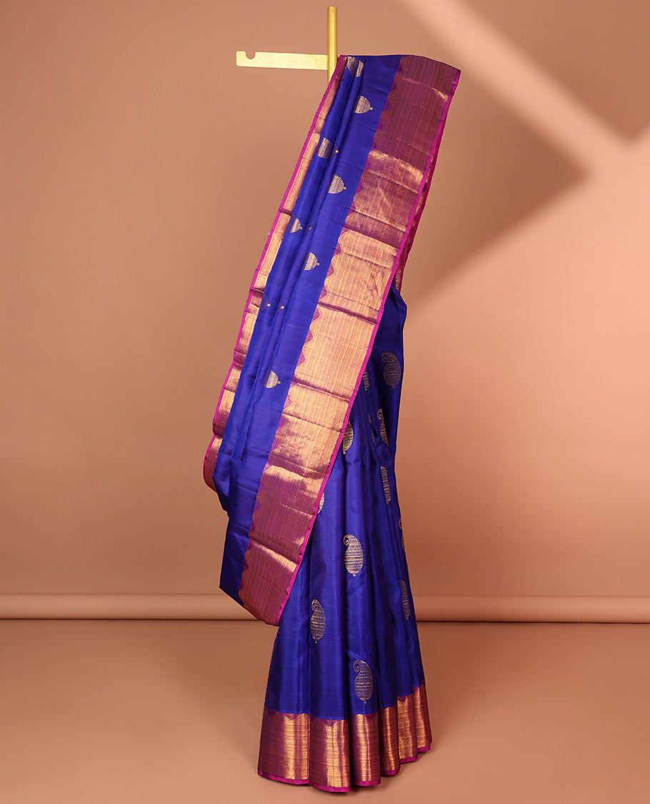 Pothys Blue manga buttas silk saree with contrast traditional zari border & intricate zari design pallu