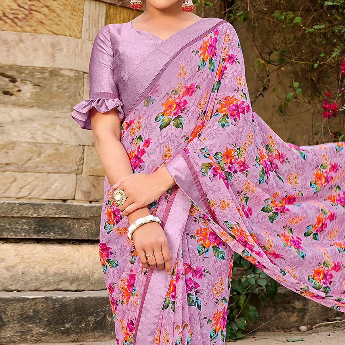 Peachmode Mauve Foil Printed Georgette Saree – Women's - view 2
