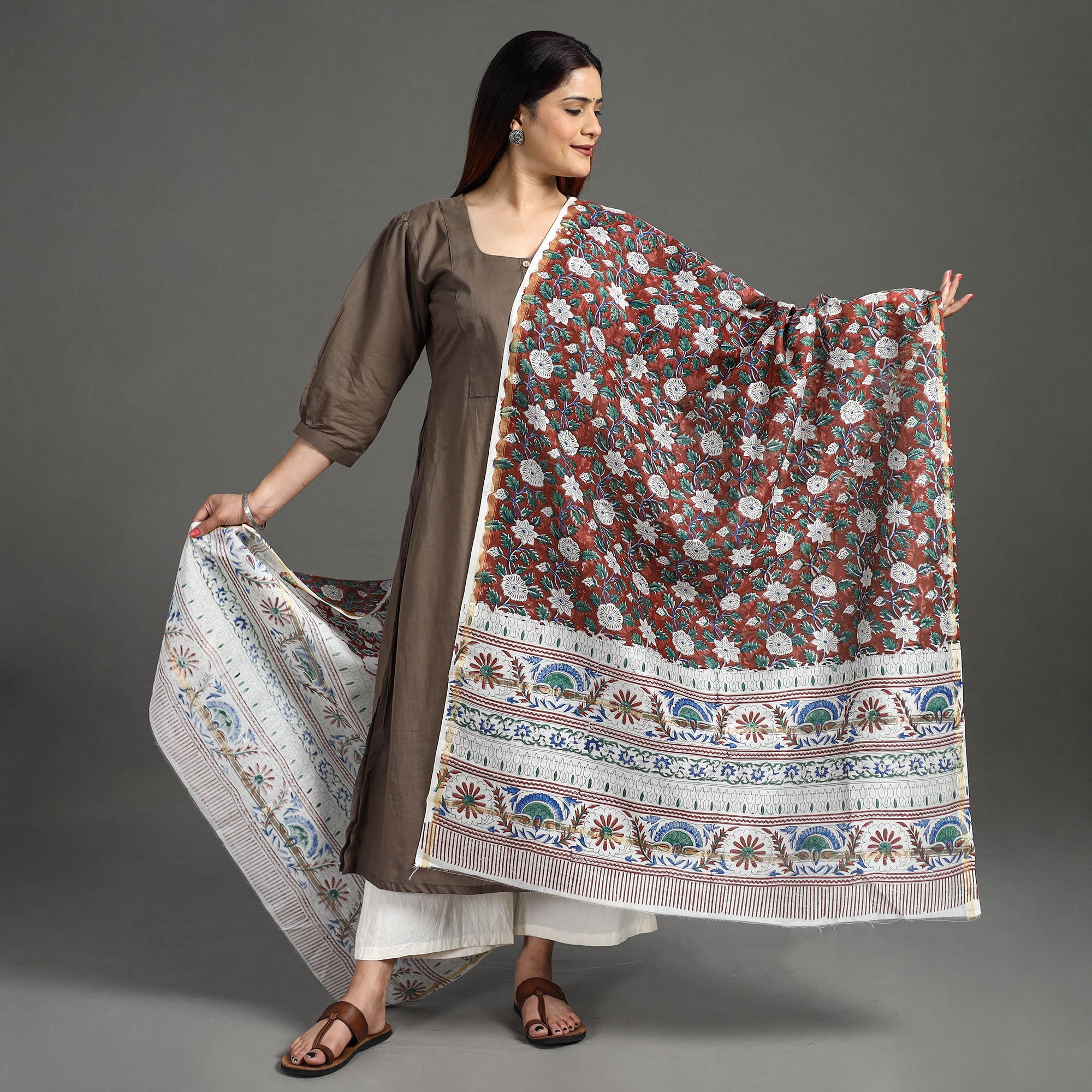 ARTISAN HAND BLOCK PRINTS Brown - Handloom Chanderi Silk Sanganeri Print Dupatta 07 - view 2
