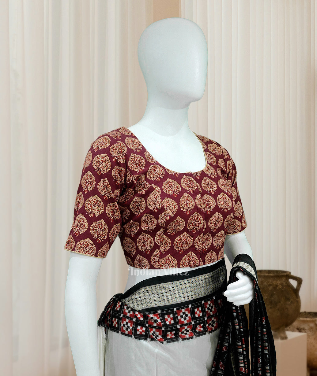 IndianVillèz Maroon Jodhpuri Block Print Cotton Blouse
