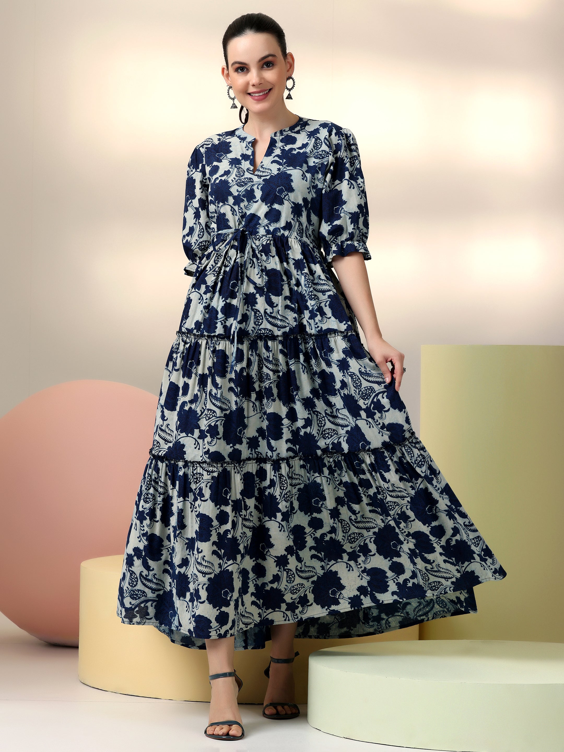 Libas Indigo Printed Cotton Fit and Flare Dress - view 2