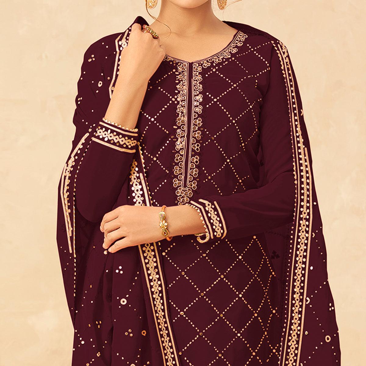 Peachmode Seller Maroon Partywear Embroidered Georgette Palazzo Suit - view 2