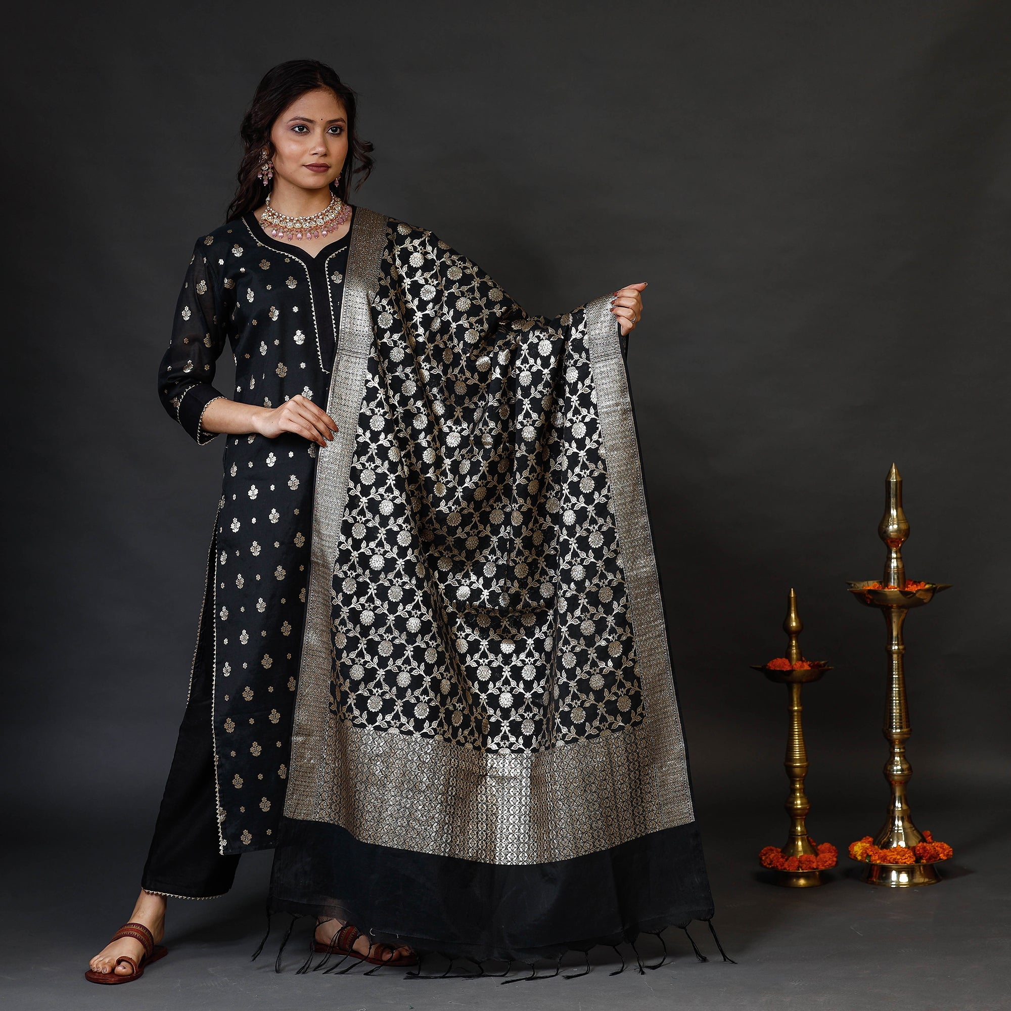 ITOKRI CASUALS Black Banarasi Silk Zari Work Kurta with Palazzo & Dupatta Set