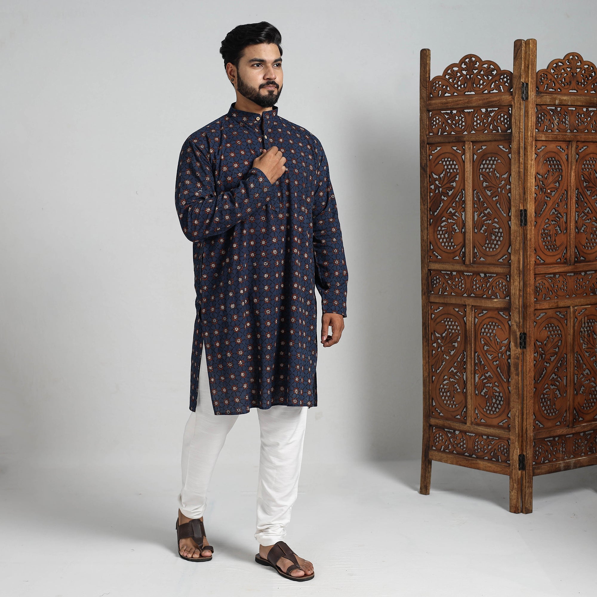 ITOKRI CASUALS Ajrakh Block Printed Cotton Men Long Kurta 12